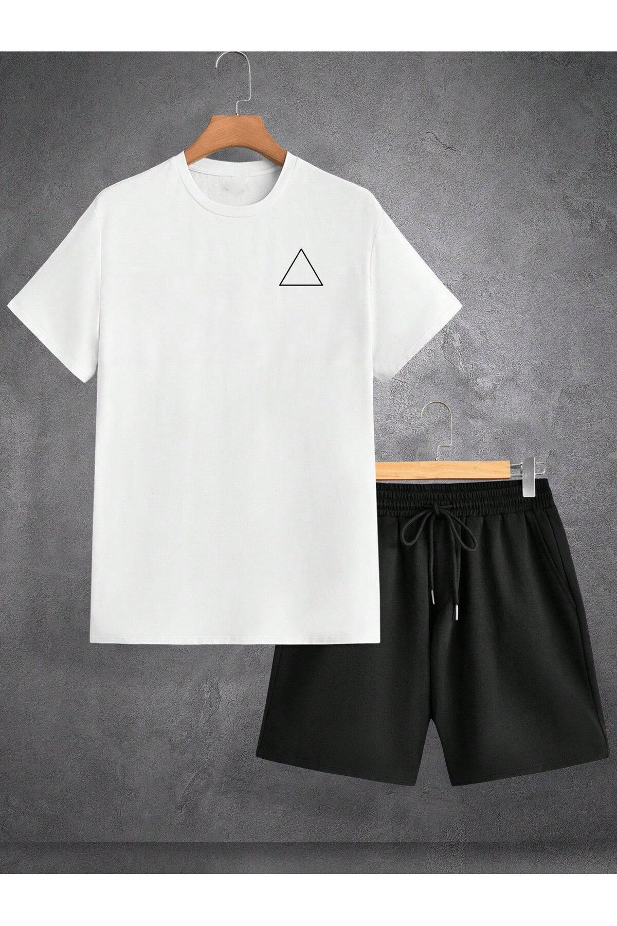 Boi Üçgen Logo T-Shirt Şort - Beyaz Siyah Şortlu Tişört Alt Üst Takım Baskılı Bisiklet Yaka