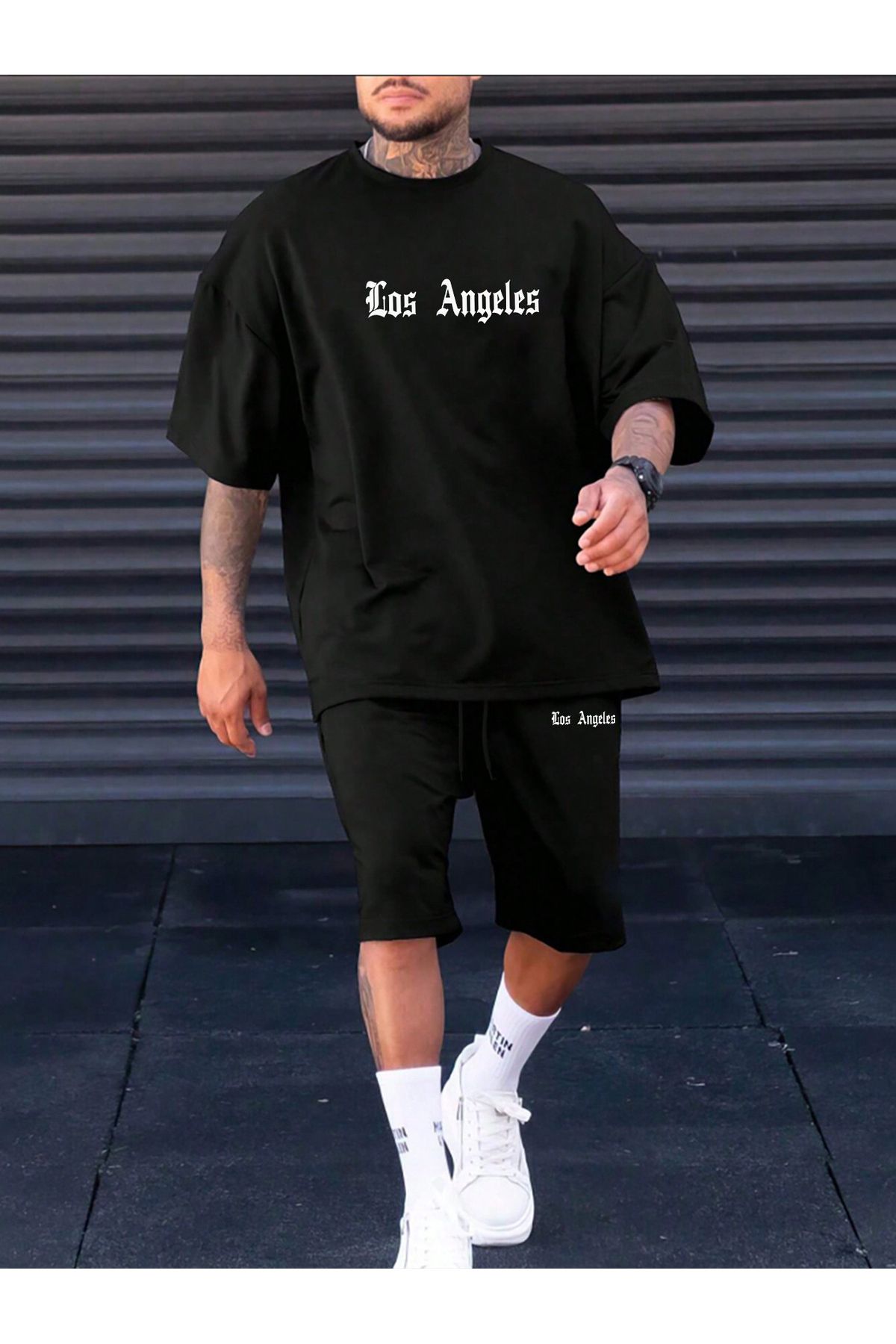 Boi Los Angeles Minimal T-Shirt Şort - Siyah Şortlu Tişört Alt Üst Takım Baskılı Bisiklet Yaka