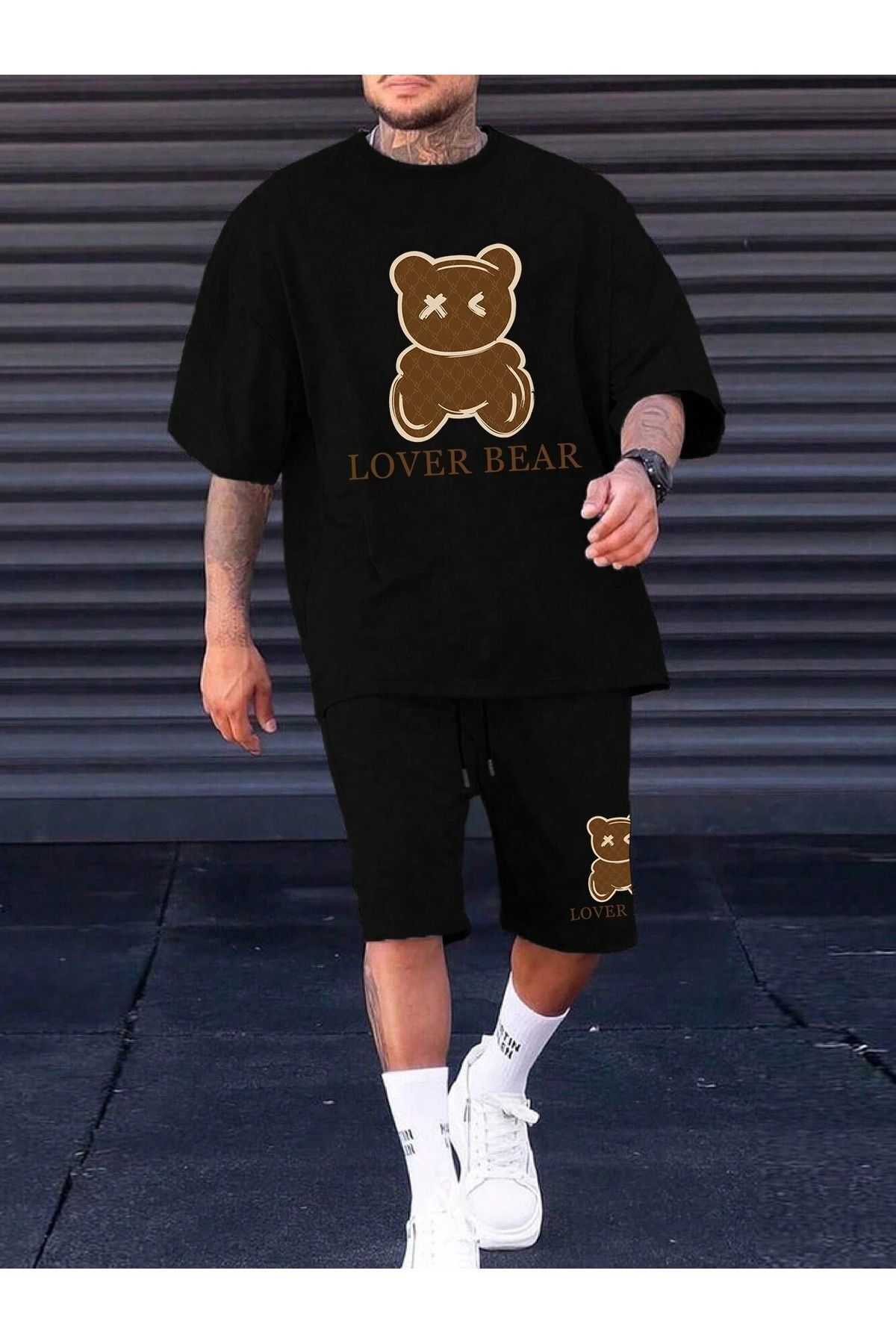 Boi Lover Bear T-Shirt Şort - Siyah Şortlu Tişört Alt Üst Takım Baskılı Bisiklet Yaka