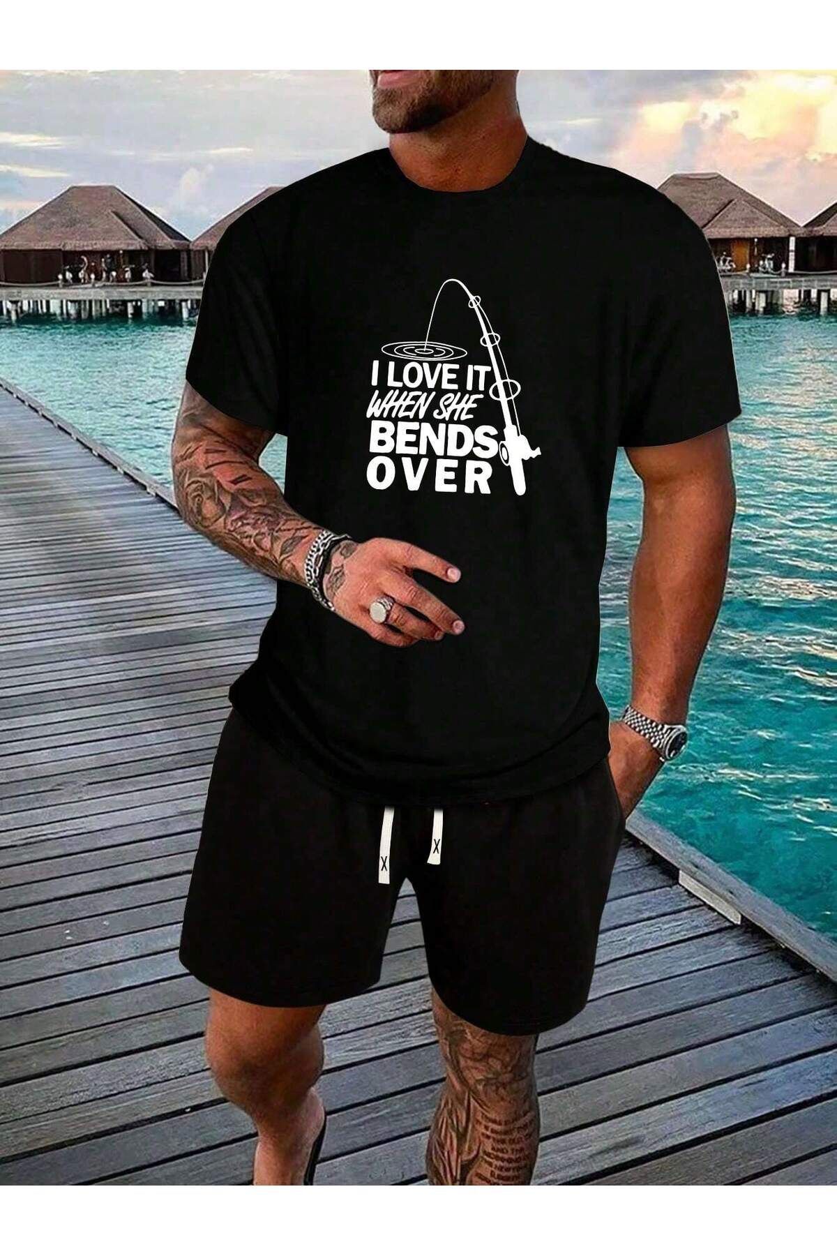 Boi Love Bends Over T-Shirt Şort - Siyah Şortlu Tişört Alt Üst Takım Baskılı Bisiklet Yaka