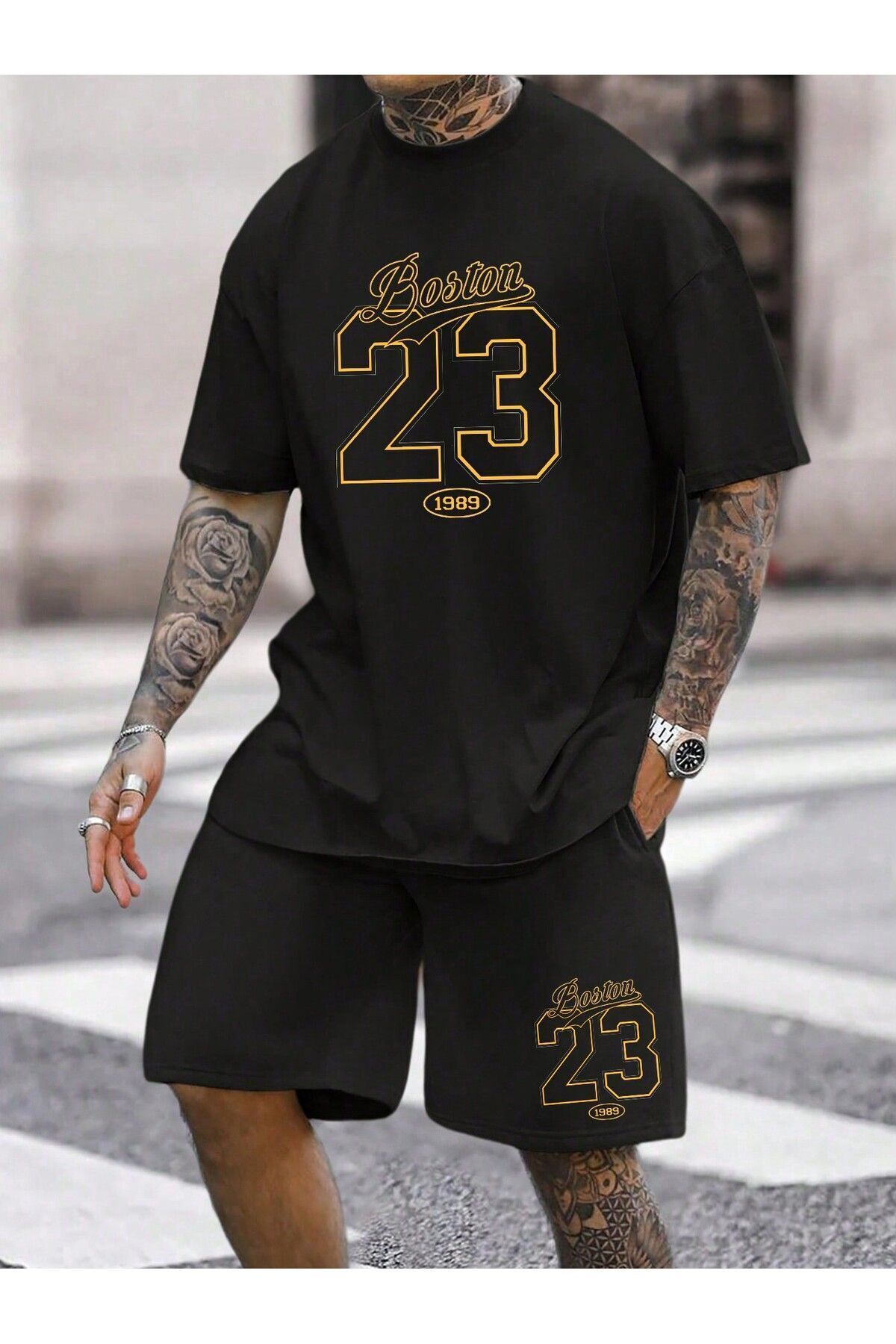 Boi Boston 23 1989 T-Shirt Şort - Siyah Şortlu Tişört Alt Üst Takım Baskılı Bisiklet Yaka