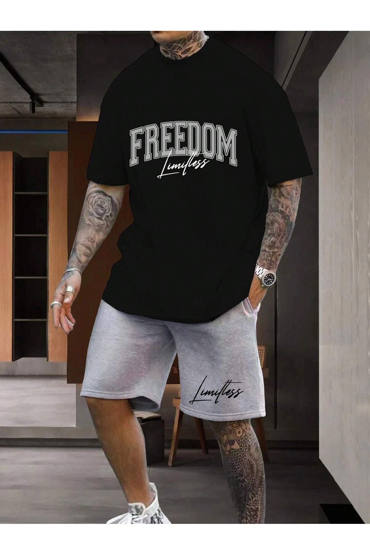 Boi Limitless Freedom T-Shirt Şort Kombin Takım - Siyah Gri Baskılı Oversize Bisiklet Yaka