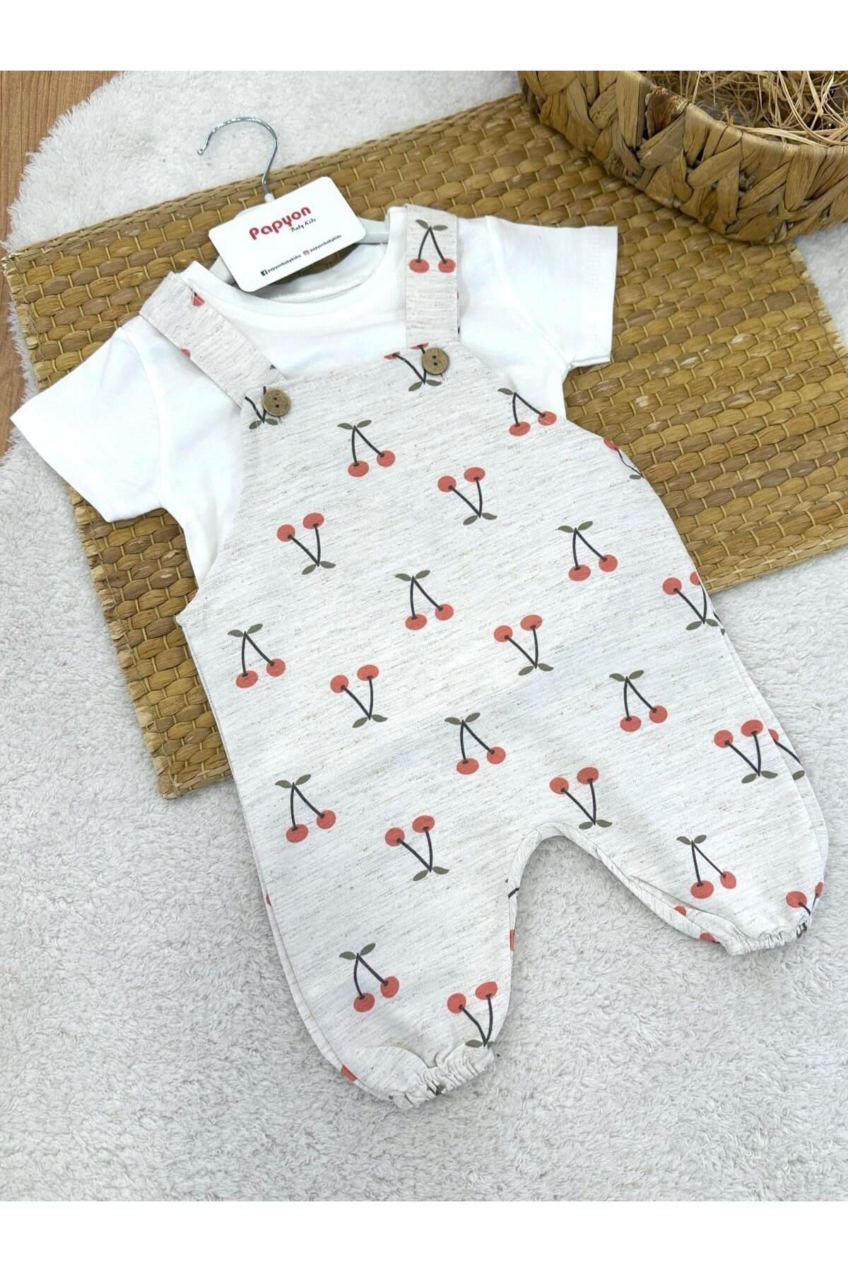 Papyon Baby Kids Düz Badili Kiraz Desenli Salopetli Kız Bebek 2li Takım (3-6/6-9/9-12 Ay)
