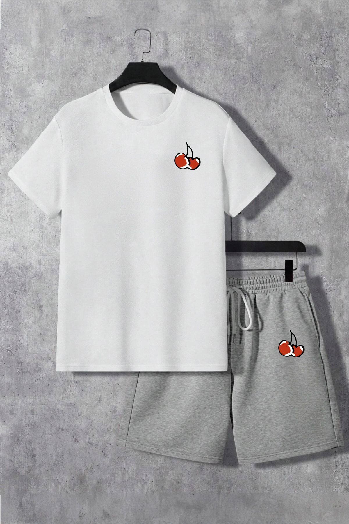 Boi Kiraz Desen T-Shirt Şort - Beyaz Gri Şortlu Tişört Alt Üst Takım Baskılı Bisiklet Yaka