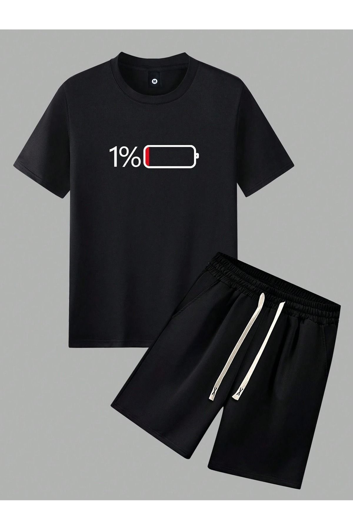 Boi %1 Charge T-Shirt Şort - Siyah Şortlu Tişört Alt Üst Takım Baskılı Bisiklet Yaka