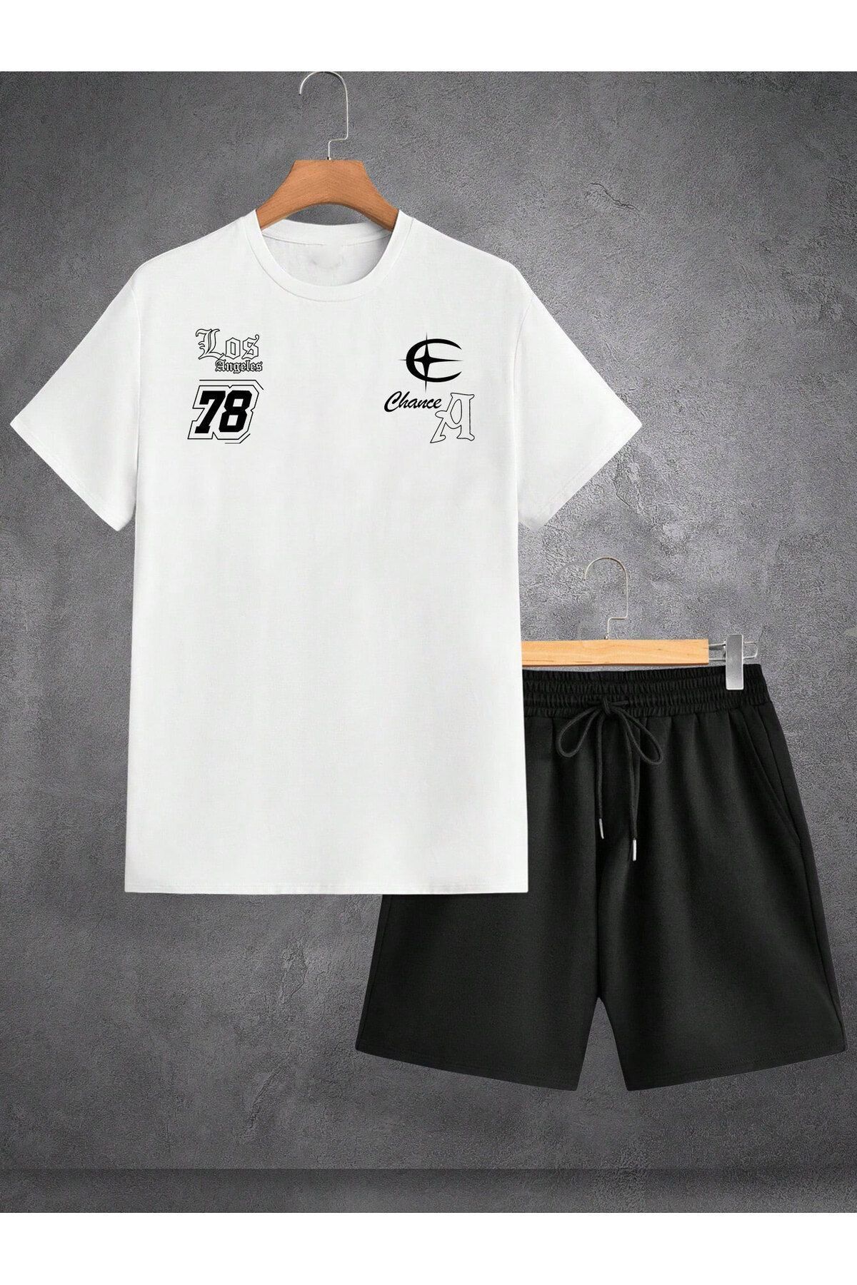 Boi Los Angeles A 78 T-Shirt Şort - Beyaz Siyah Şortlu Tişört Alt Üst Takım Baskılı Bisiklet Yaka