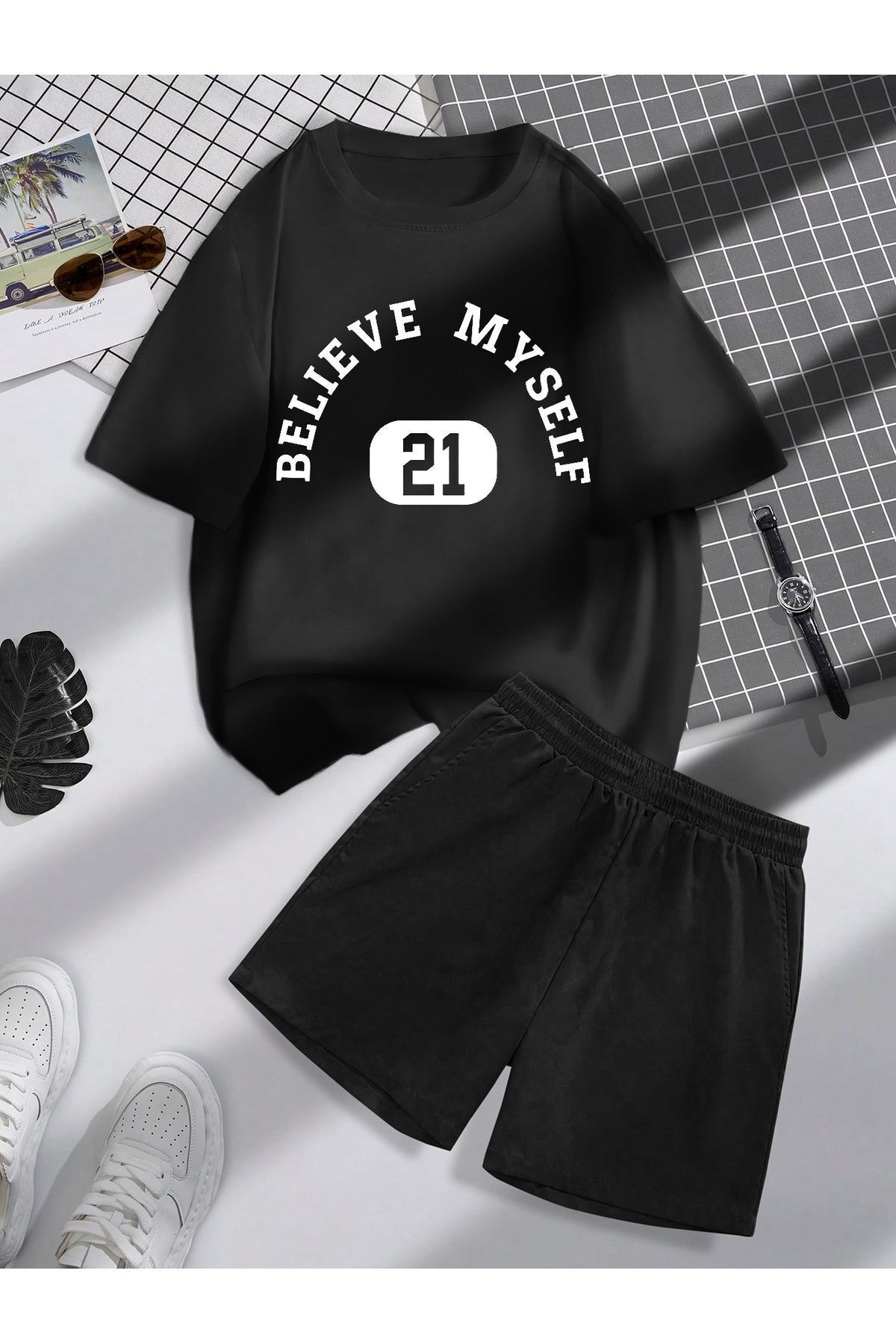 Boi Believe 21 T-Shirt Şort Kombin Takım - Siyah Baskılı Oversize Bisiklet Yaka