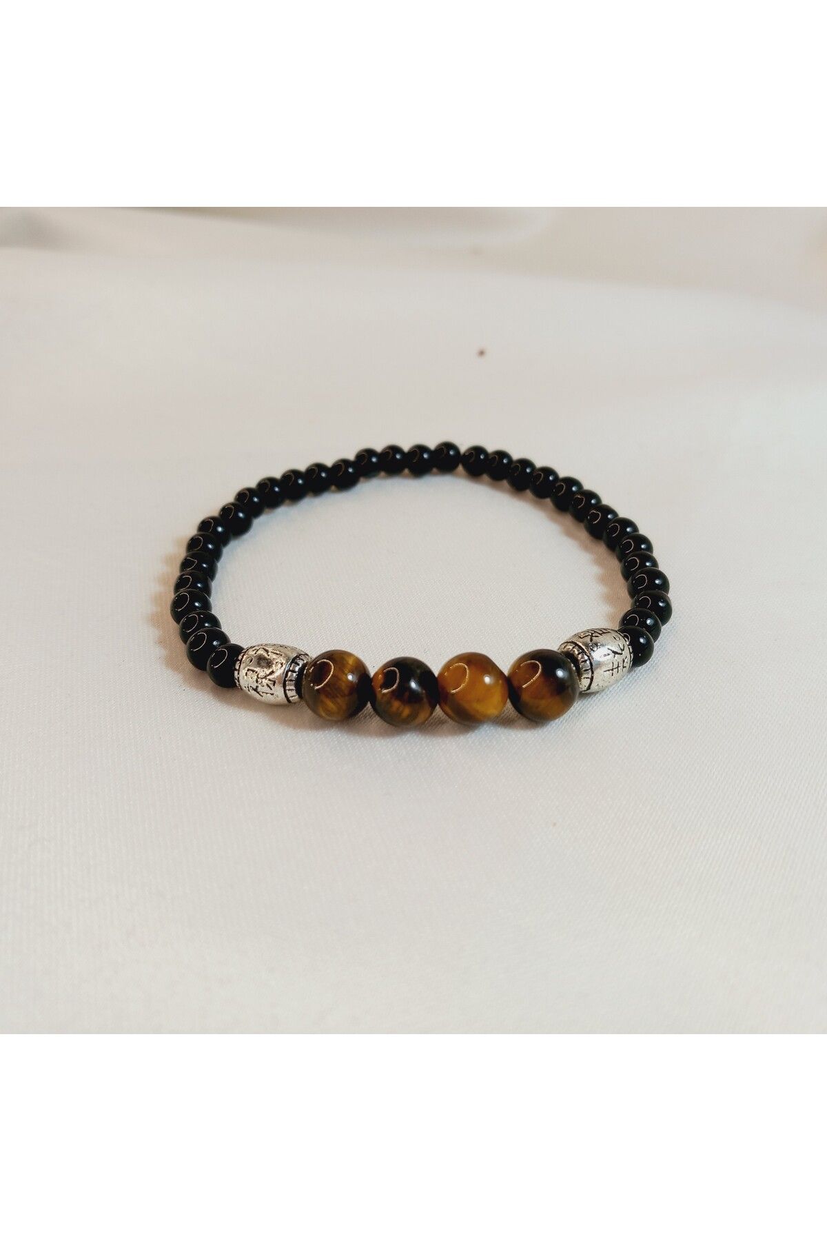 Crystal Atelier Kaplan Gözü Doğal Taşlı Siyah Cam İncili Unisex Bileklik-Sertifikalı Kaplan Gözü Doğal Taş Bileklik