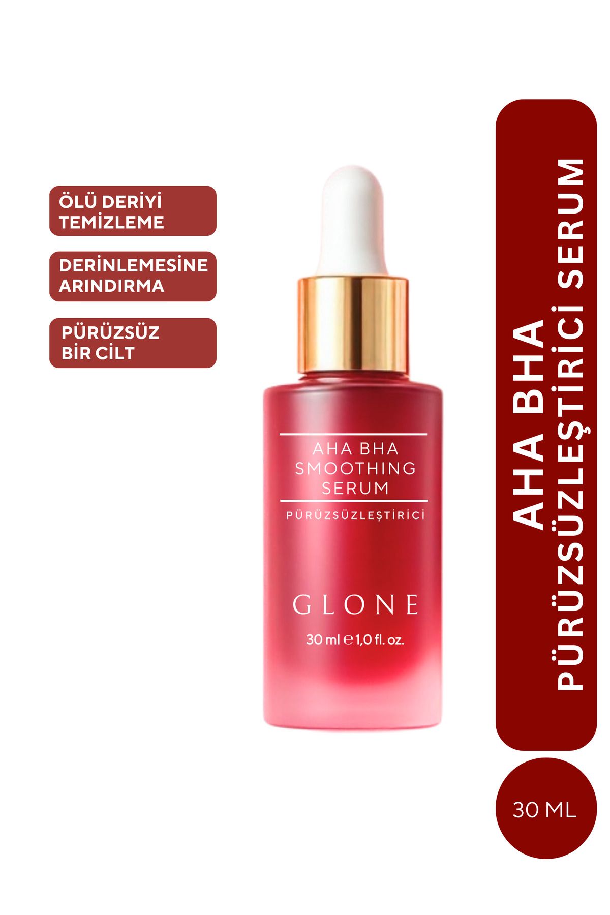 GLONE Aha Bha Pürüzsüzleştirici Serum 30ml | Hyaluronik Acid, Glycolic Acid & Centella Asiatica İçeriği