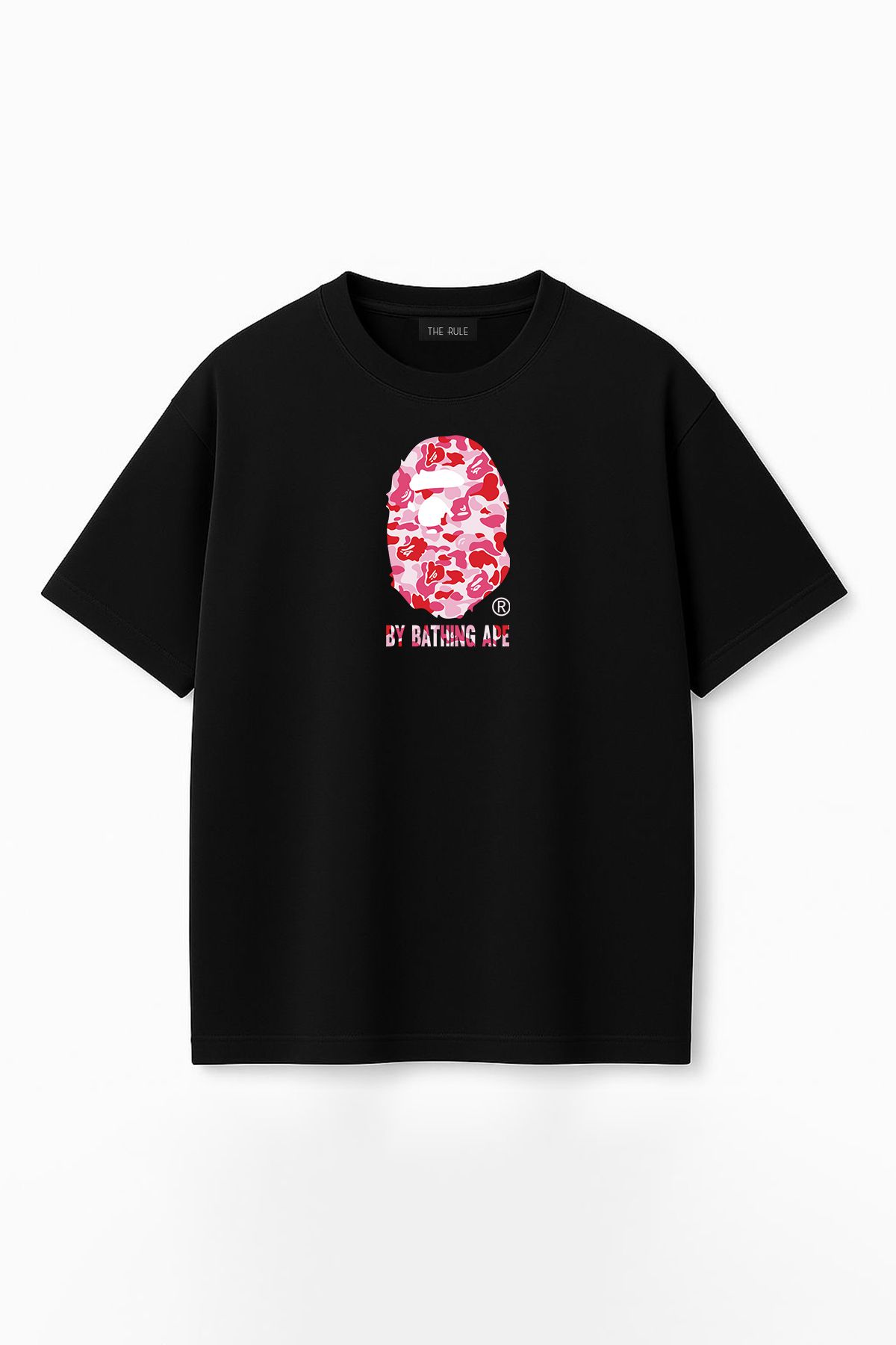 THE RULE Unisex Bathing Ape Baskılı Oversize %100 Pamuk Geniş Kesim Dokulu Bisiklet Yaka Siyah T-Shirt RF0522