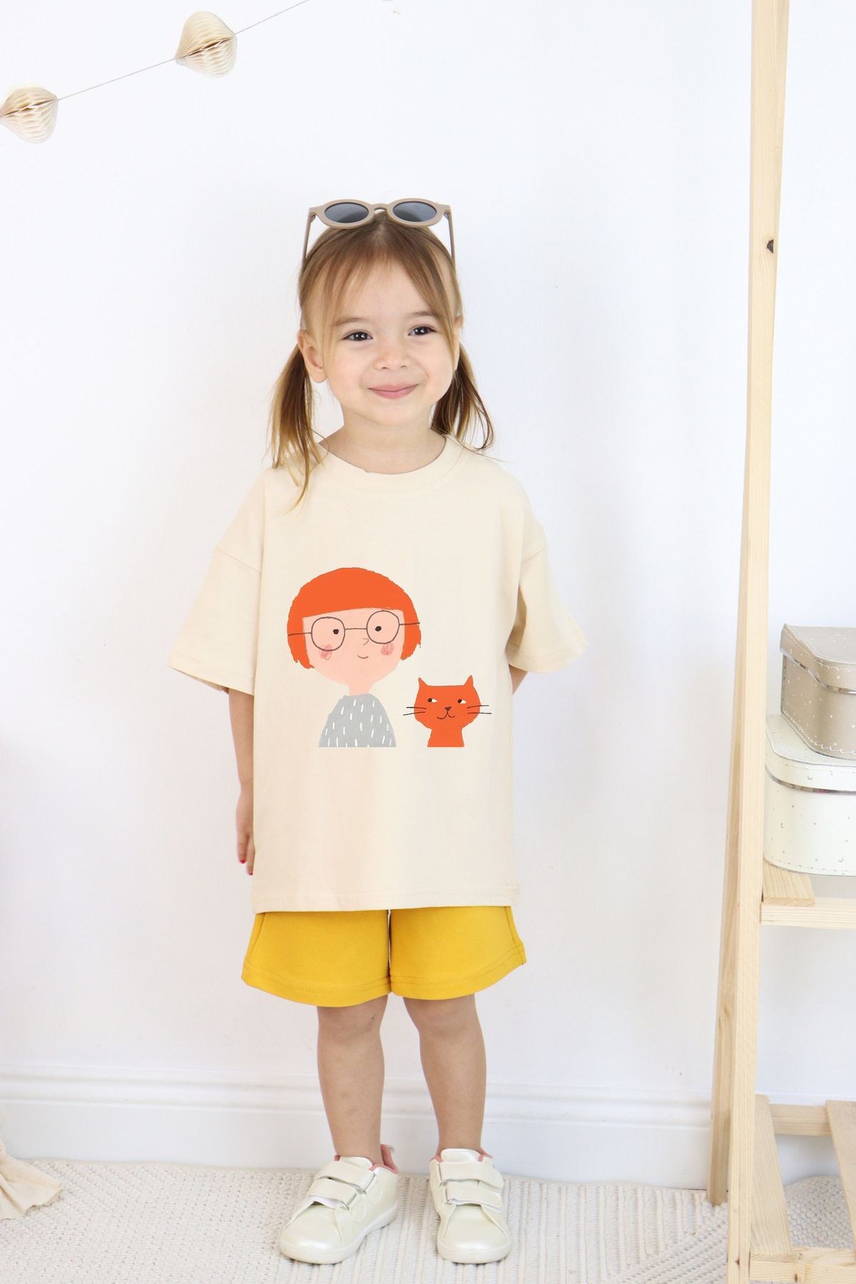 Babywom Yazlık Kedi Baskılı Oversize Kız Bebek Takım