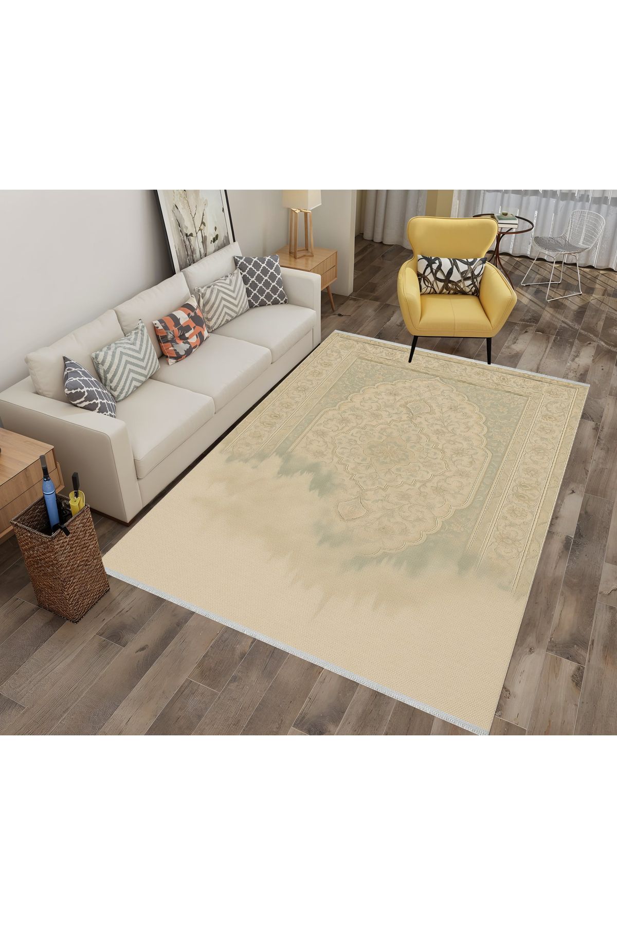 TNYLOF Eriyen Retro Halı – Bej Tonlarda Sanatsal Desen | Kaymaz, Yıkanabilir