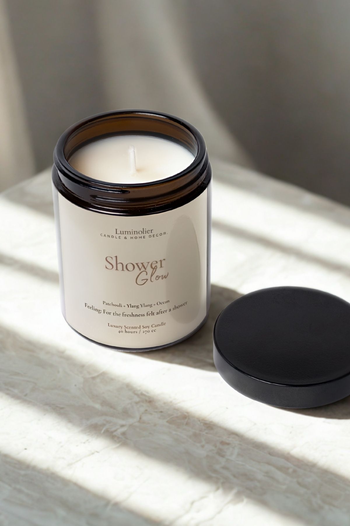 Luminolier Paçuli & Ylang Ylang & Okyanus Kokulu Doğal Soya Mum - Shower Glow - Amber Kavanoz - 270 Cc