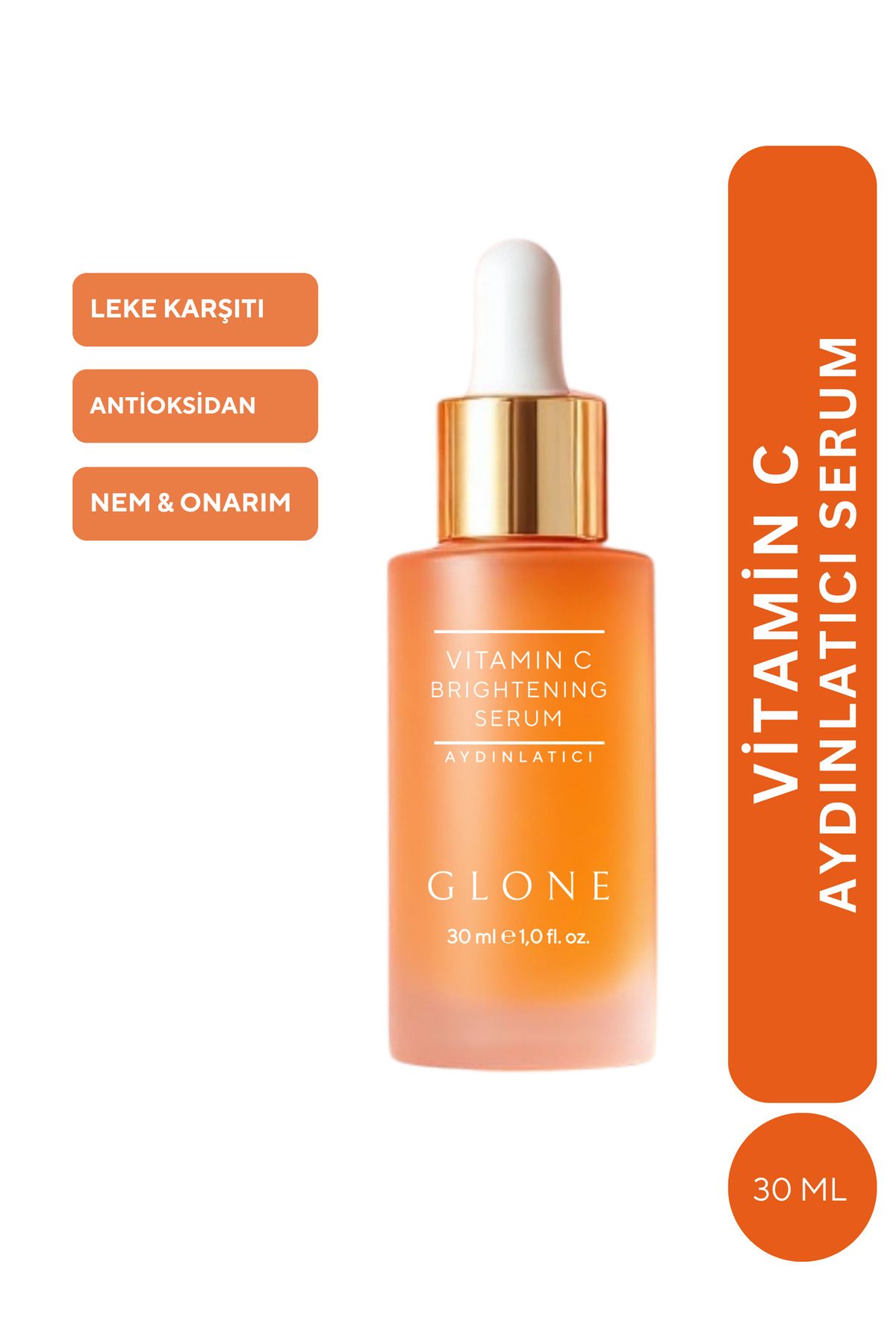 GLONE Vitamin C Serum 30ml Ethyl Ascorbic, Hyaluronik + Centella İle Leke Karşıtı & Antioksidan Etki