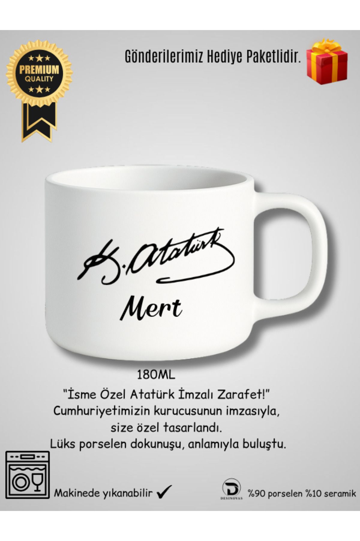 Desinovas Kemal Atatürk İmzalı Lüks Kupa Fincan (Kişiye Özel Tasarlanabilir)