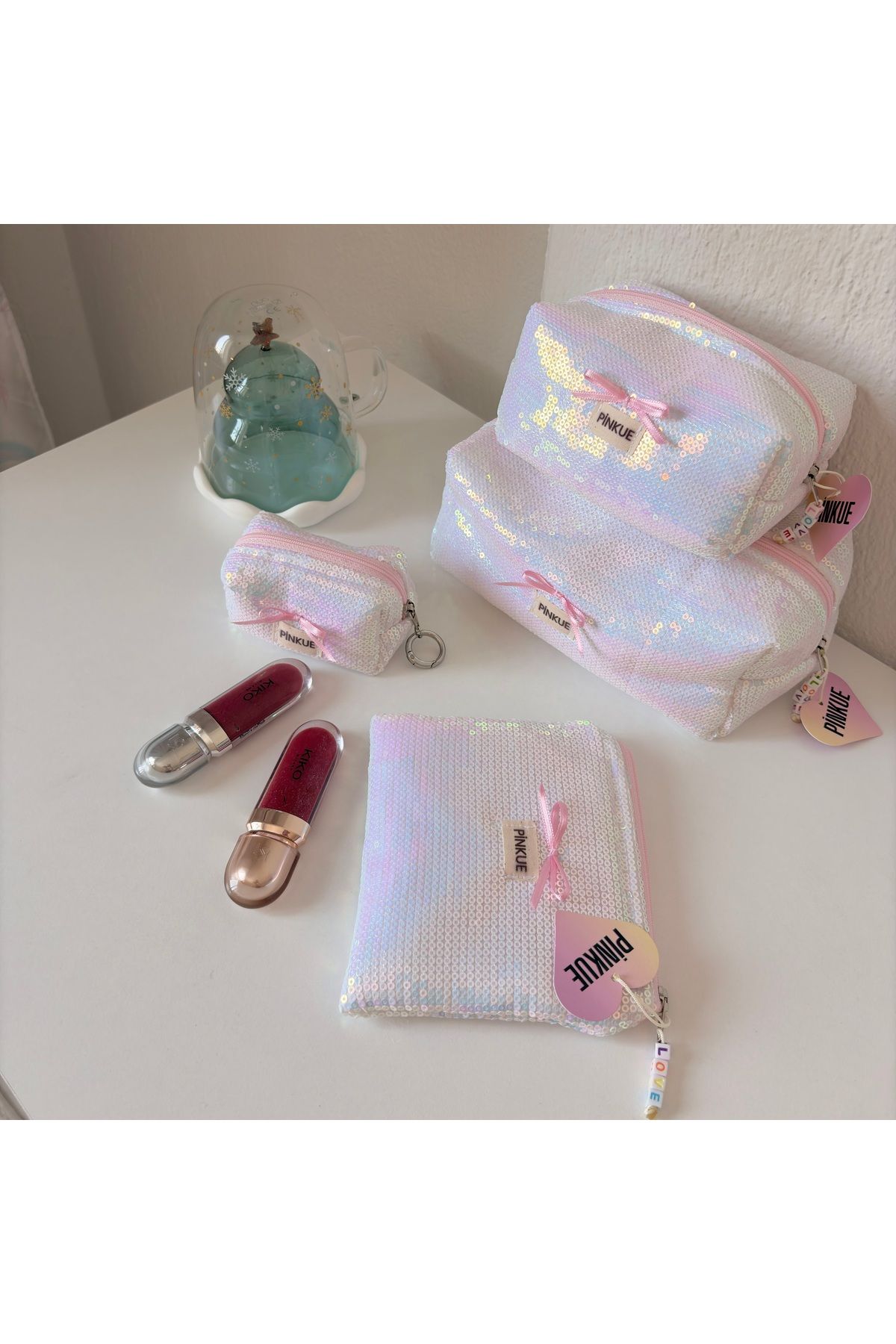 PİNKUE Pullu/Payetli 4’lü Işıltı Seti (makyaj çantası+mini makyaj çantası+cüzdan+airpods amahtarlık)