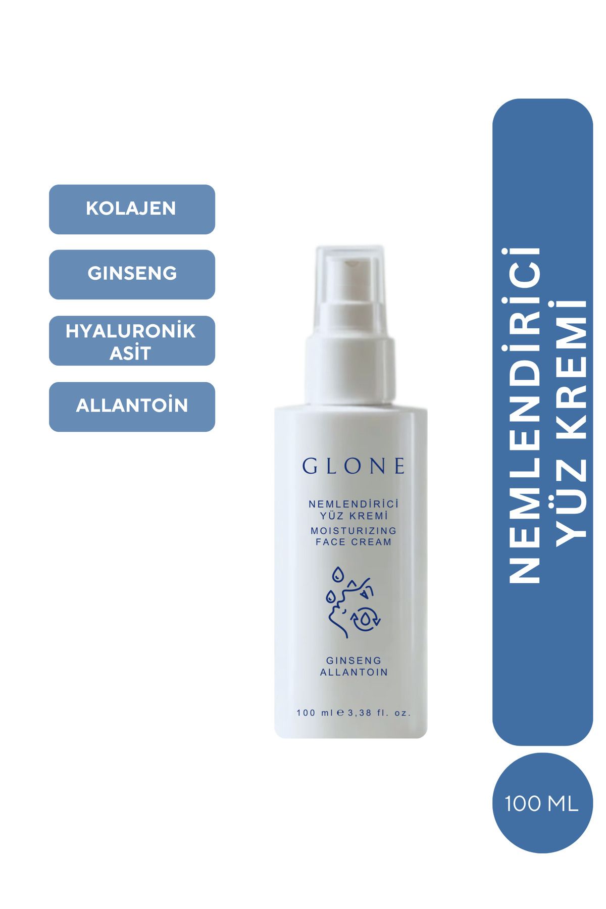 GLONE Nemlendirici Yüz Kremi 100ml | Ginseng, Allantoin & Hyaluronik Asit İçeren Yoğun Nemlendirici