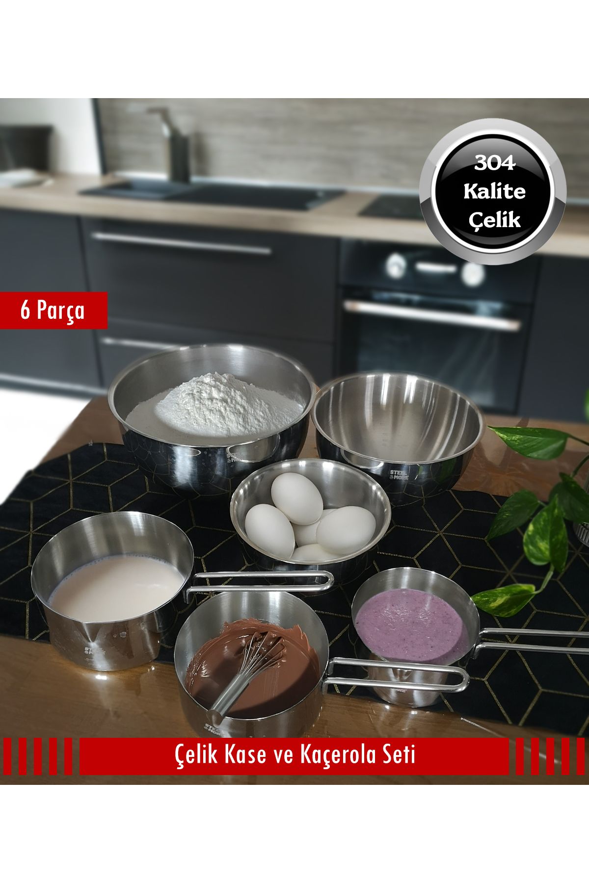 Stell&More 3'lü Çelik Kase ve Kaçerola Set 6 Parça