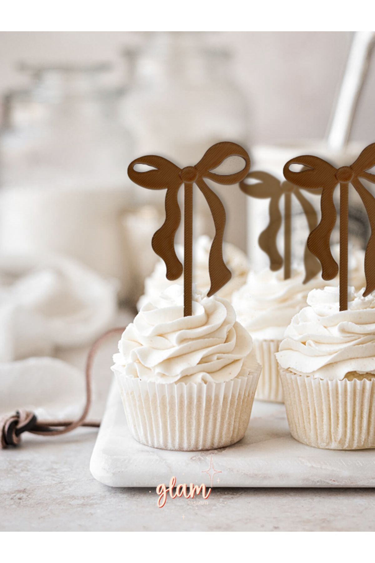 GLAM DEKORASYON Kahverengi Kurdele 6'lı Yeniden Kullanılabilir Cupcake Kek Ve Tatlı Süsleri Doğum Günü Pasta Kürdanı