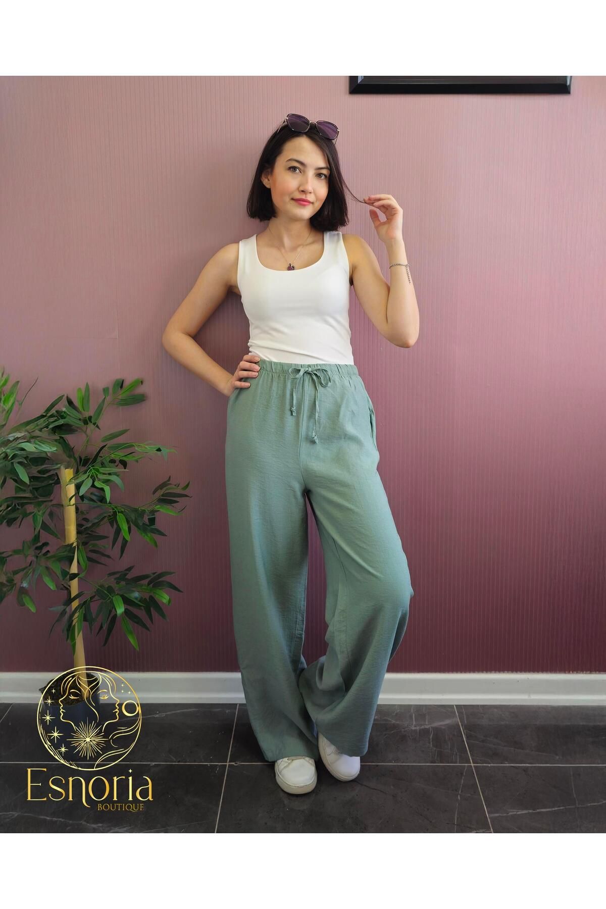 ayriss Mint Rengi Keten Görünümlü Geniş Paça Kadın Pantolon