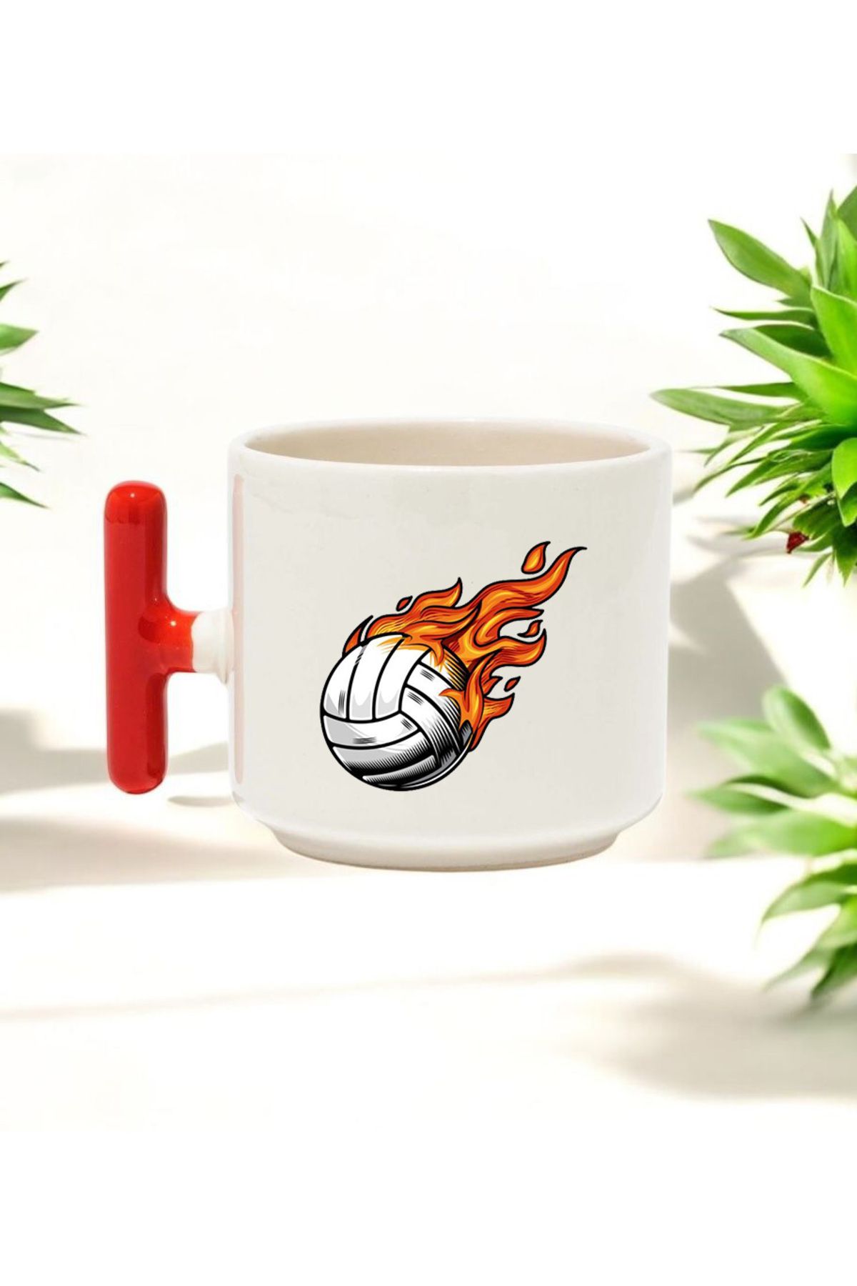 BB TRADE Voleybol Topu Tasarımlı Kırmızı T Kulplu Seramik Baskılı Kupa Bardak 250 ML