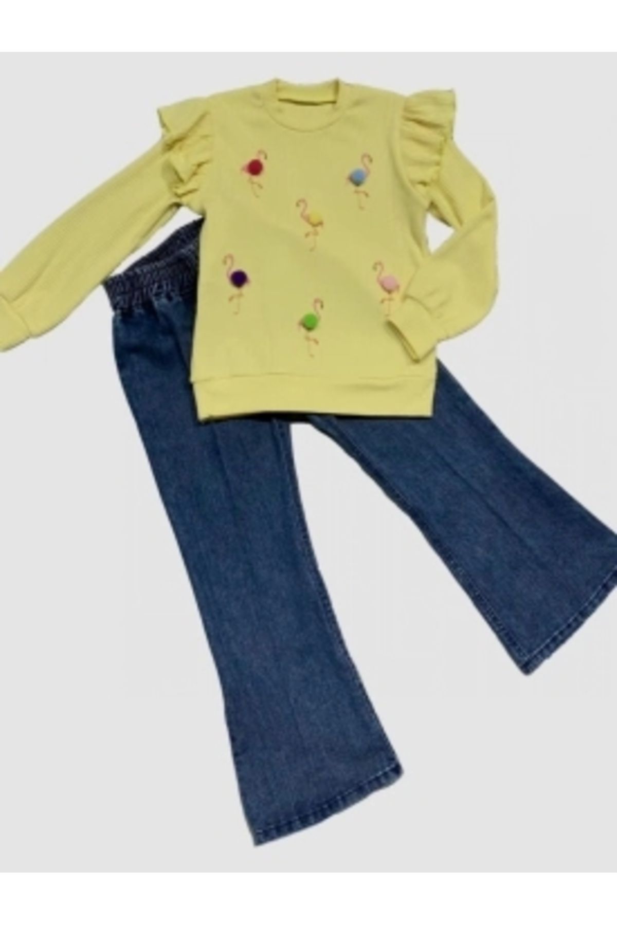 Diji Baby 4-5-6 Yaş Kot Pantolonlu Flamingo Desenli Penye Sweat Uzun Kollu 2li Kız Çocuk Takımı