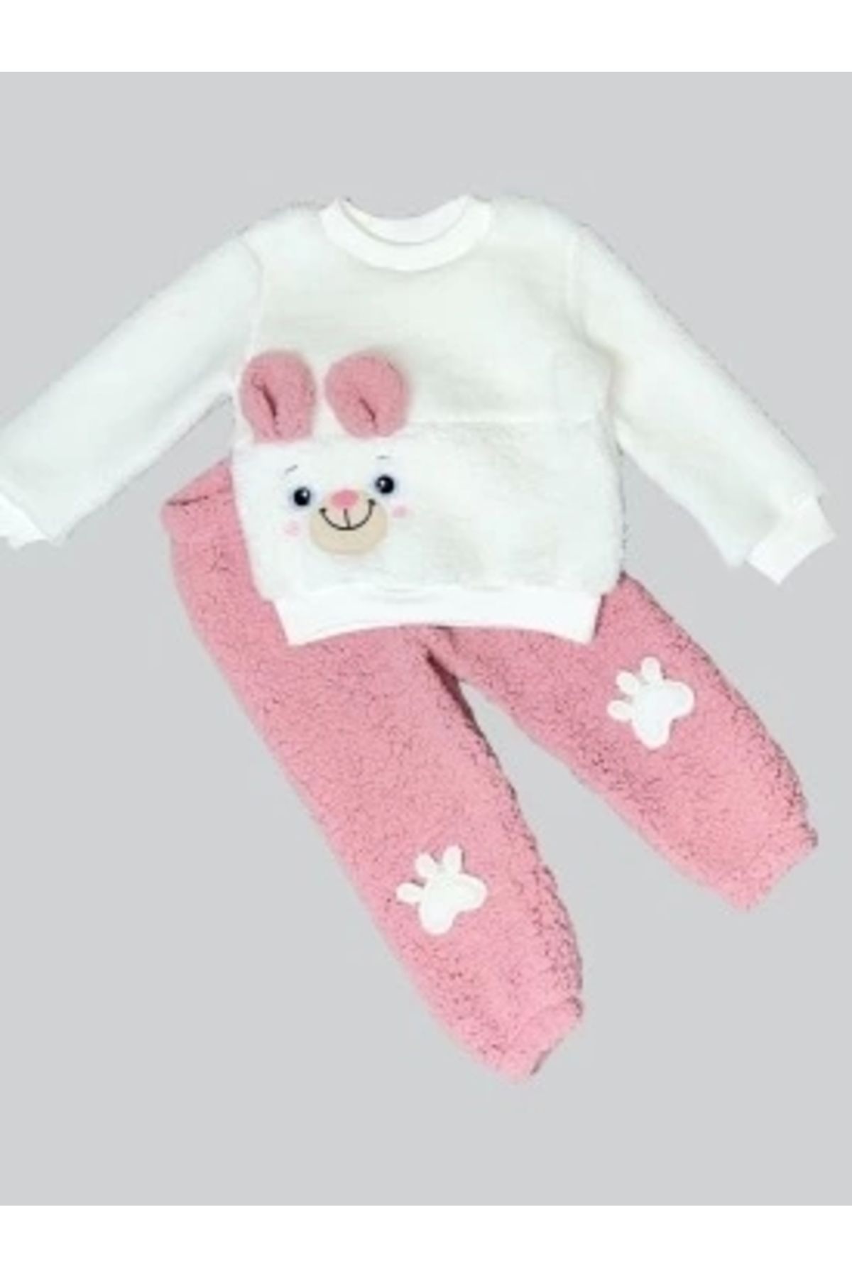 Diji Baby 1-2-3 Yaş Kulaklı Patili Ayıcık Kuzu Kumaş Sweat Patili Pantolon Uzun Kollu Kız Erkek 2 Li Takımı