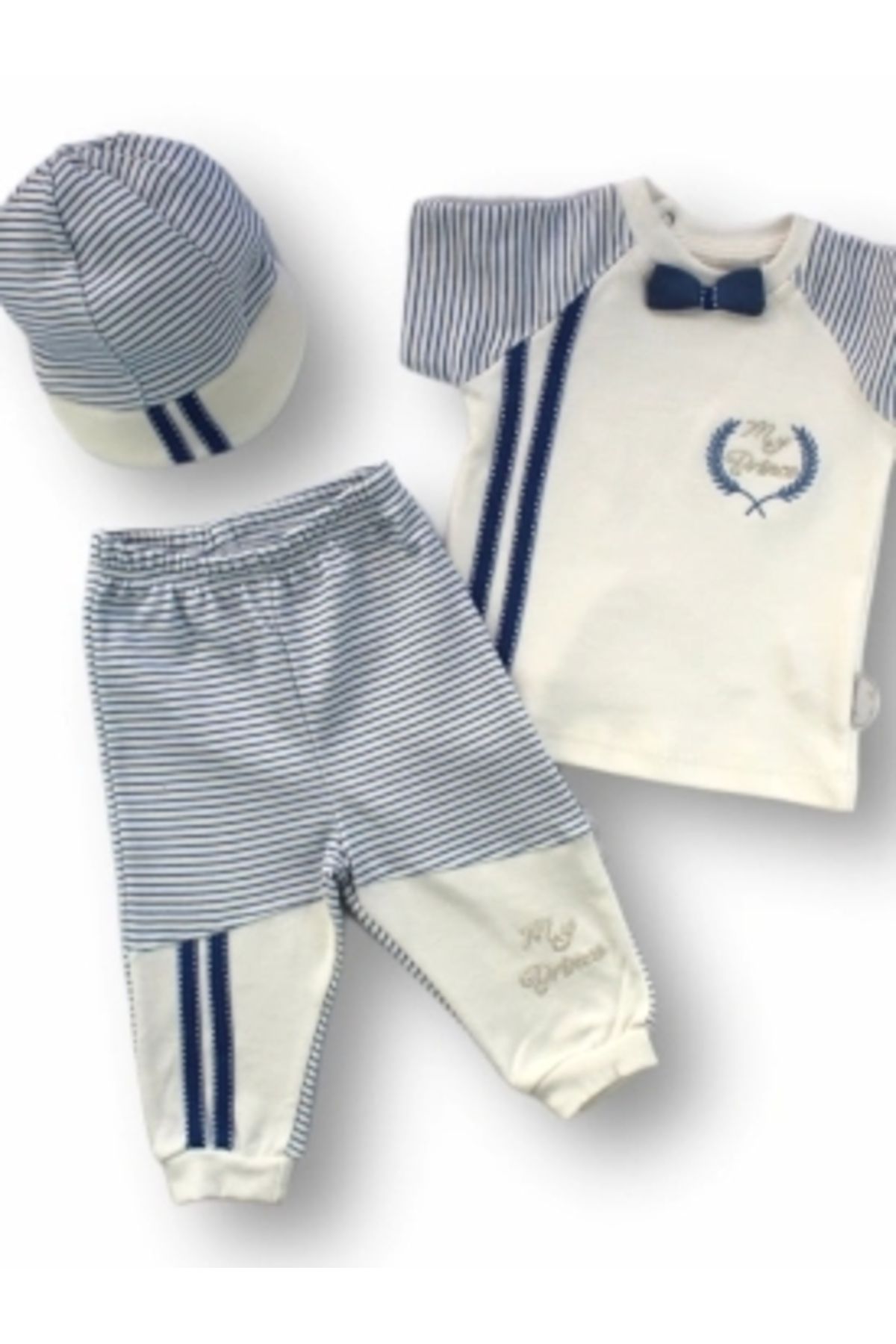 Diji Baby 3-6 6-9 9-12 Ay My Prince Nakışlı Şapkalı Kısa Kollu Sweatli 3lü Erkek Bebek Takımı