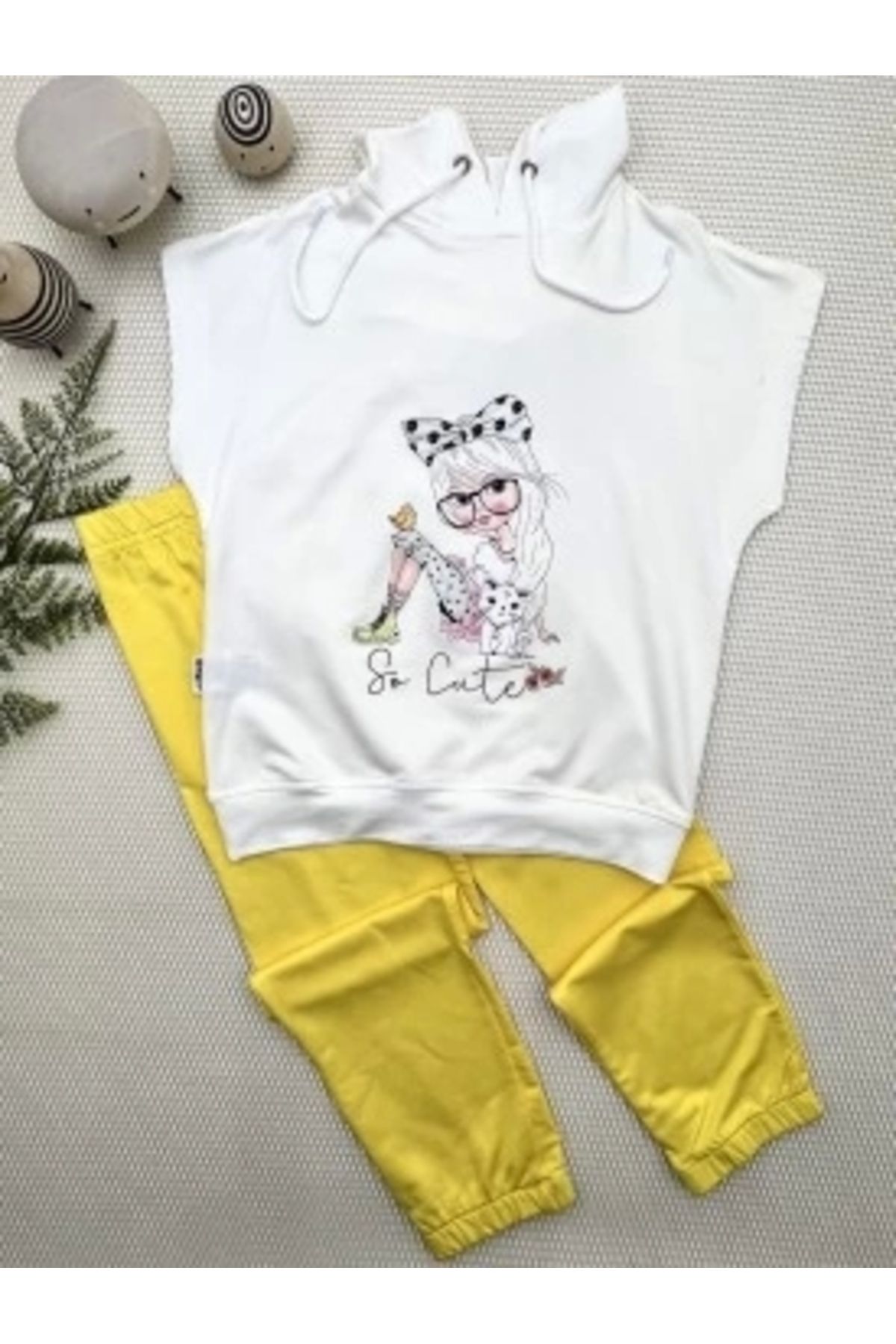 Diji Baby 3-4-5 Yaş Kapşonlu Sevimli Kız Baskılı Kısa Kolu 2li Kız Erkek Çocuk Takımı