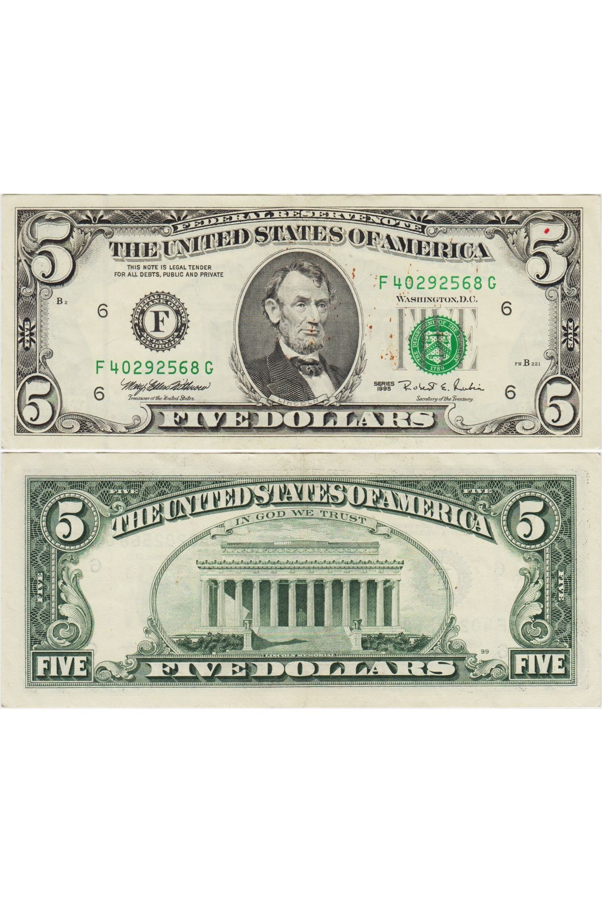 Banknoting AMERİKA BİRLEŞİK DEVLETLERİ 5 DOLAR 1995 F= ATLANTA. ÇOK ÇOK TEMİZ KONDİSYON.