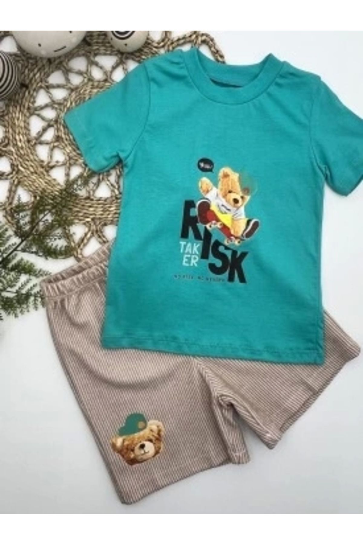 Diji Baby 1-2-3 Yaş Kaykaycı Ayı Baskılı Şortlu Kısa Kollu Tişört 2li Erkek Bebek Takımı