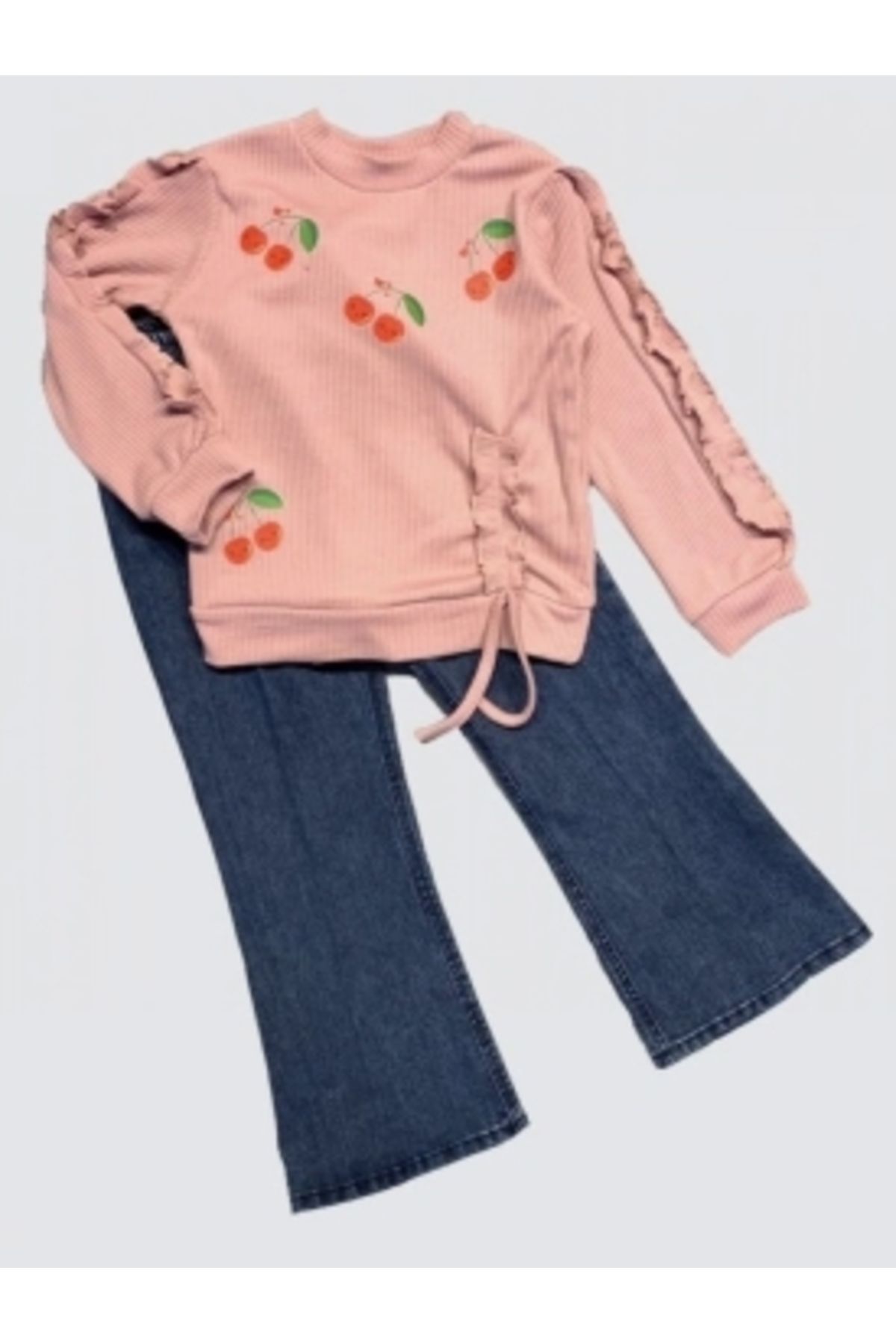 Diji Baby 4-5-6 Yaş Kot Pantolonlu Kiraz Desenli Penye Sweat Uzun Kollu 2li Kız Çocuk Takımı