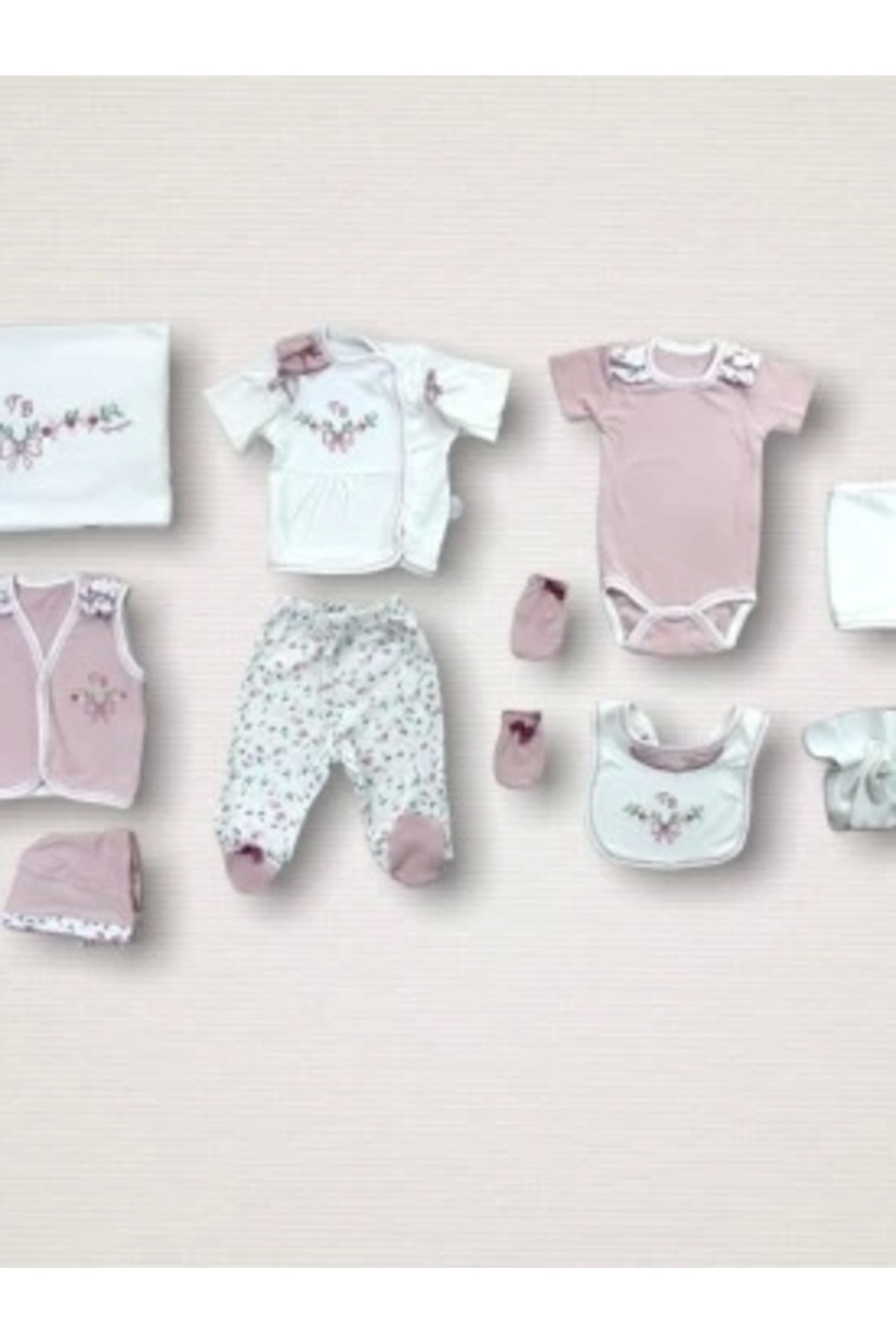 Diji Baby Bahar Çiçekleri Nakışlı %100 Cotton Antibakteriyel 10lu Zıbın Takımı Hastane Çıkışı