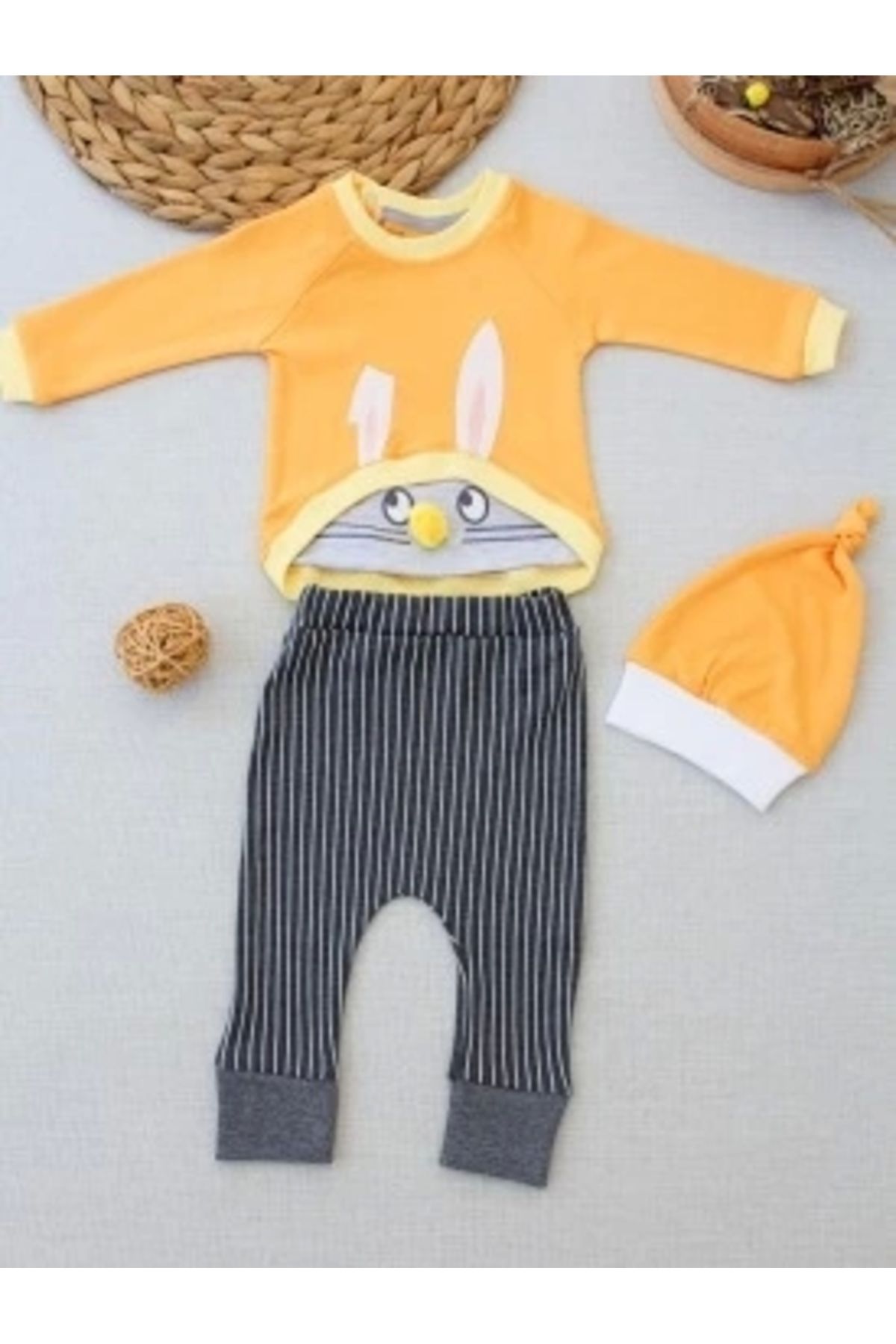 Diji Baby 3-6 6-9 9-12 Ay Şımarık Tavşan Nakışlı Şapkalı Uzun Kollu Sweat 3lü Kız-erkek Bebek Takımı