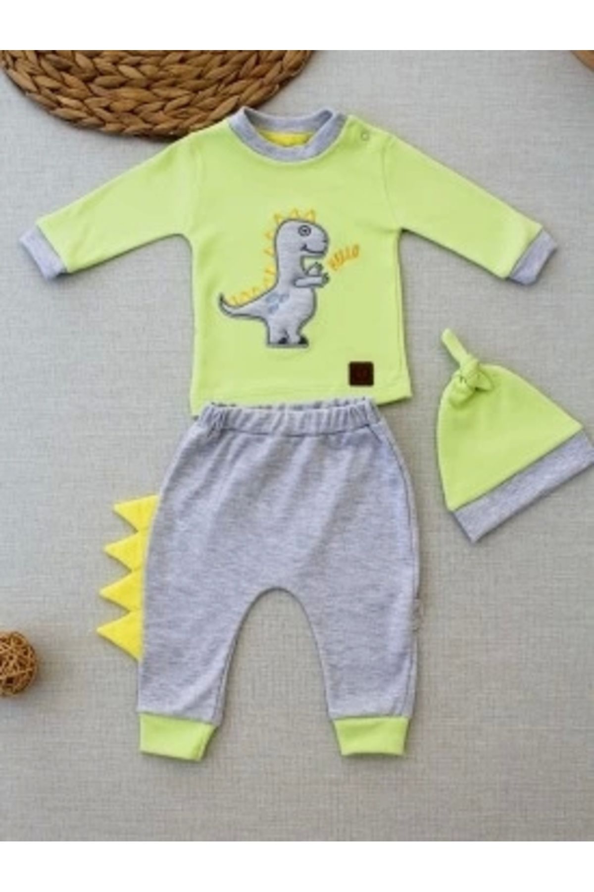 Diji Baby 3-6 6-9 9-12 Ay Minik Dino Nakışlı Şapkalı Uzun Kollu Sweat 3lü Kız-erkek Bebek Takımı