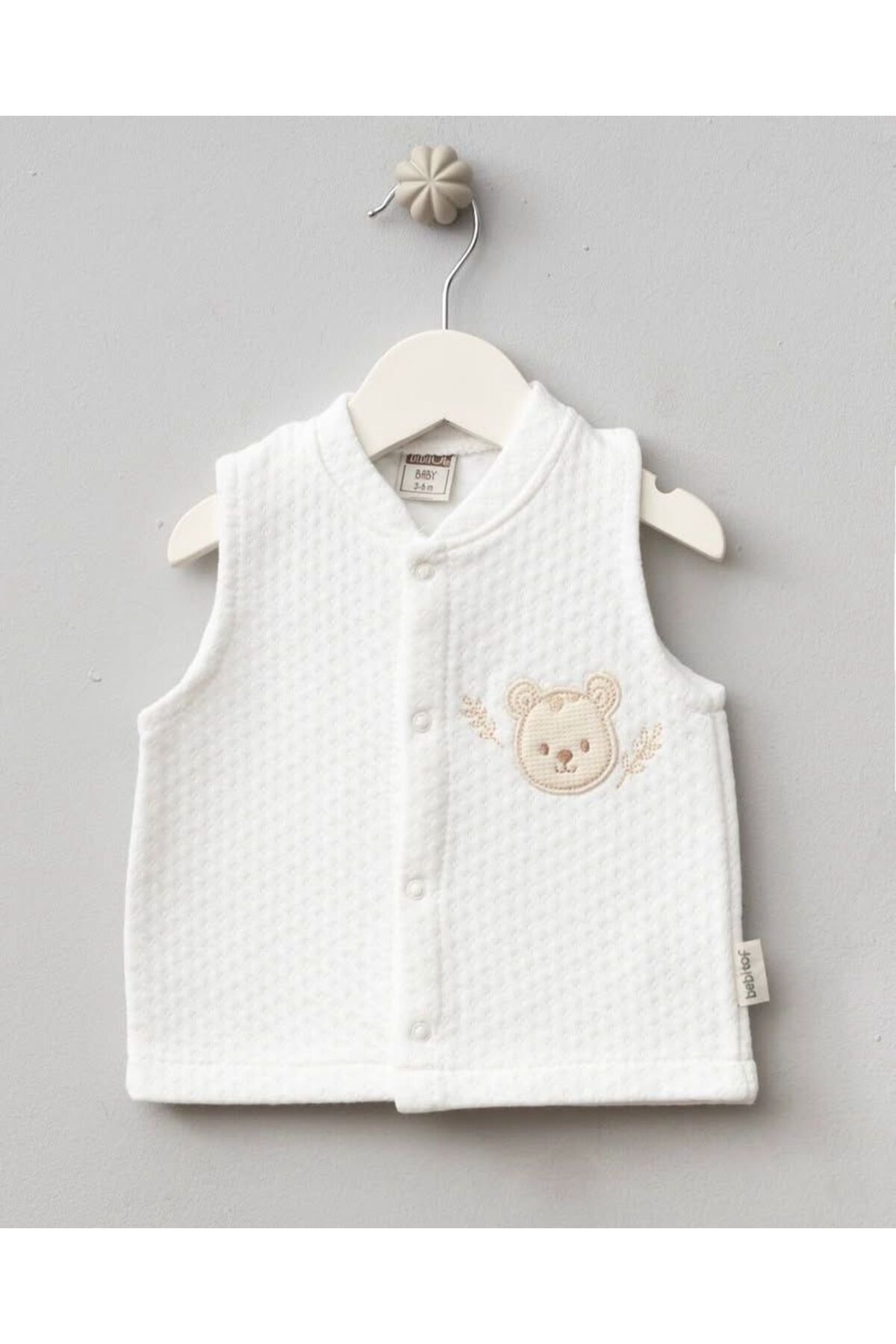 Bebitof %100 Pamuk Unisex Bebek Ayıcık Nakışlı Pamuklu Kapitone Bebek Yelek - Beyaz