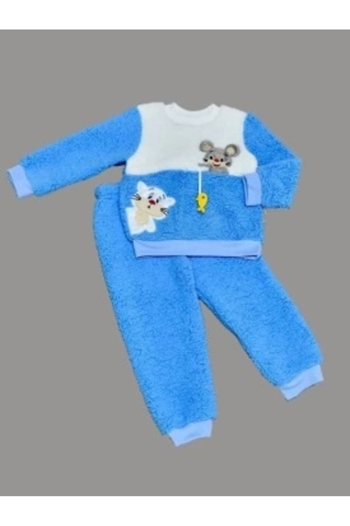 Diji Baby 1-2-3 Yaş Sallanan Balık Nakışlı Kuzu Kumaş Sweat Pantolon Uzun Kollu Kız Erkek 2 Li Takımı