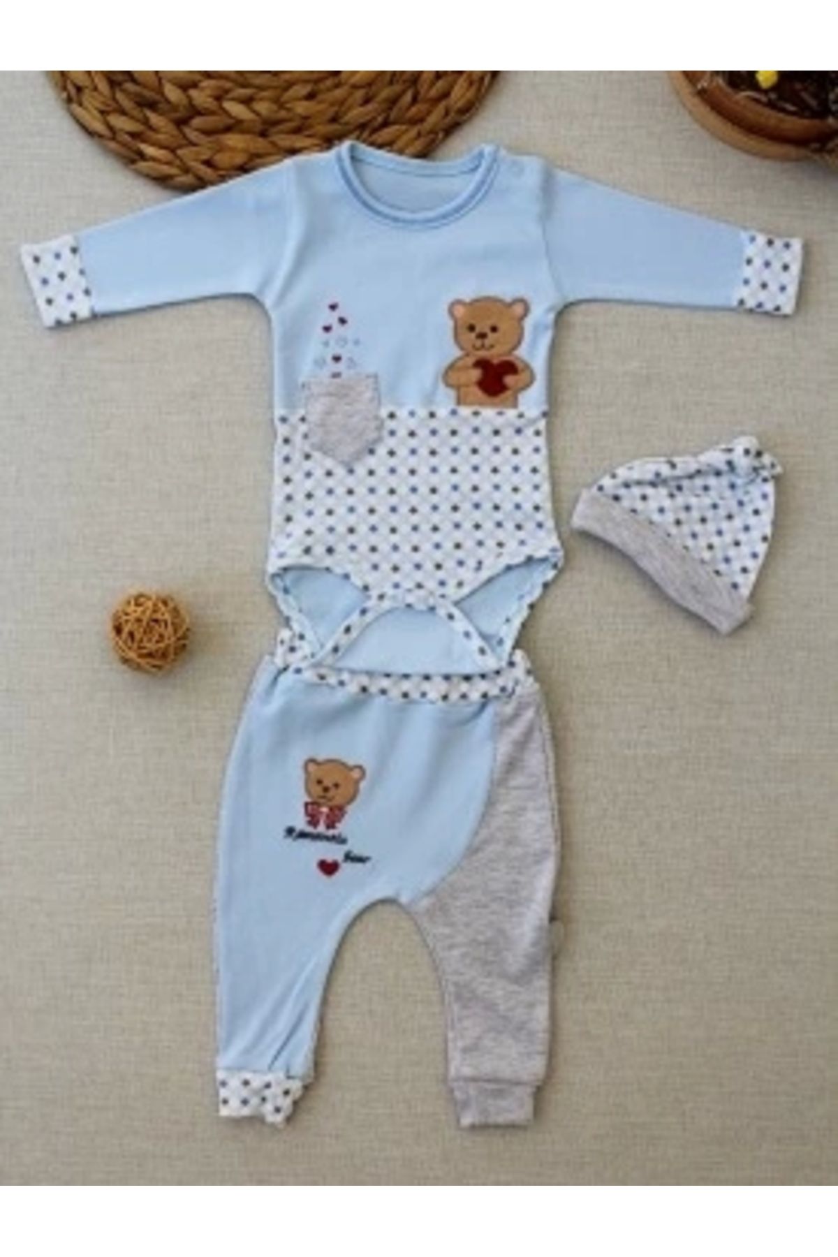 Diji Baby 3-6 9-12 12-18 Ay Romantik Ayıcık Nakışlı Şapkalı Uzun Kollu Zıbınlı 3lü Kız-erkek Bebek Takımı