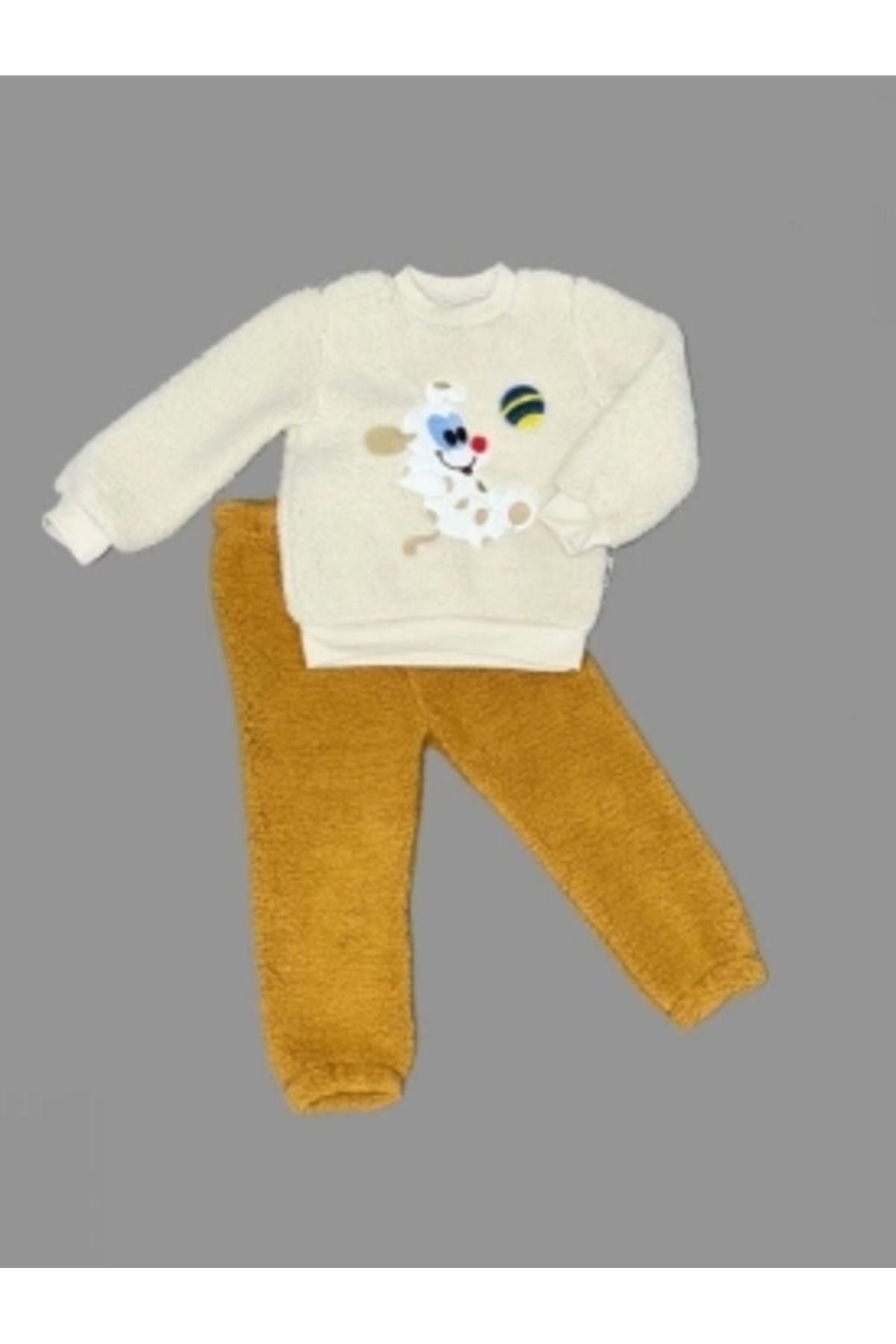 Diji Baby 1-2-3 Yaş Toplu Köpek Nakışlı Kuzu Kumaş Sweat Pantolonlu Uzun Kollu Kız Erkek Bebek Takımı