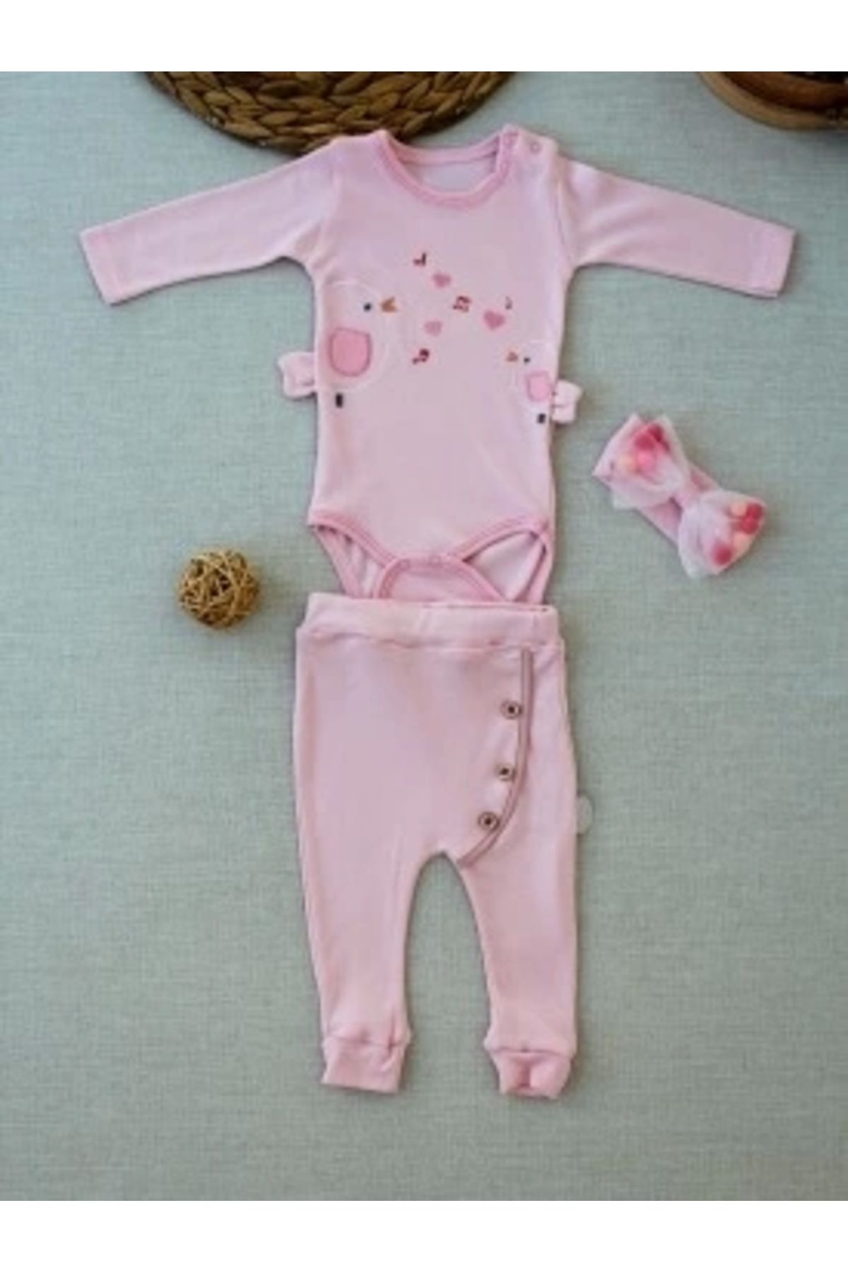 Diji Baby 3-6 6-9 9-12 Ay Şarkıcı Kuşlar Nakışlı Bandanalı Uzun Kollu Zıbınlı 3lü Kız Bebek Takımı