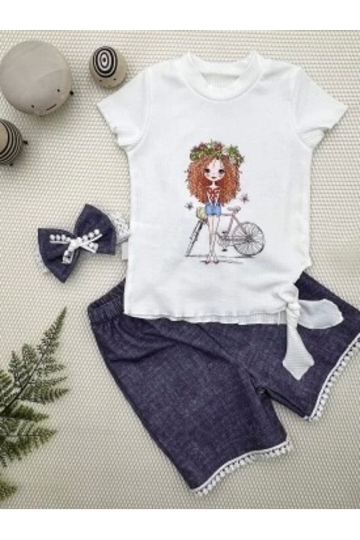 Diji Baby 1-2-3 Yaş Bisikletli Kız Baskılı Bandanalı Kot Desenli Şort Kısa Kollu Tişört 3lü Kız Bebek Takımı