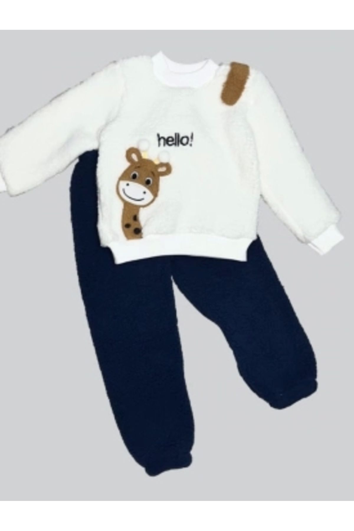 Diji Baby 1-2-3 Yaş Hello Zürafa Nakışlı Kuzu Kumaş Sweat Pantolon Uzun Kollu Kız Erkek 2 Li Takımı