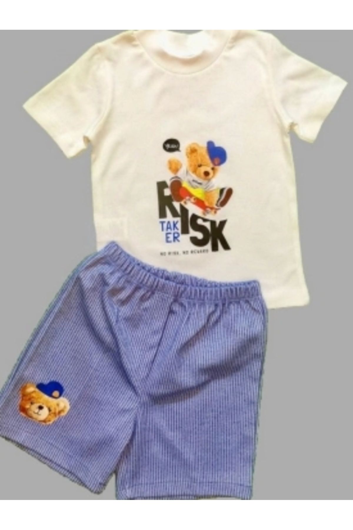 Diji Baby 1-2-3 Yaş Kaykaycı Ayı Baskılı Şortlu Kısa Kollu Tişört 2li Erkek Bebek Takımı