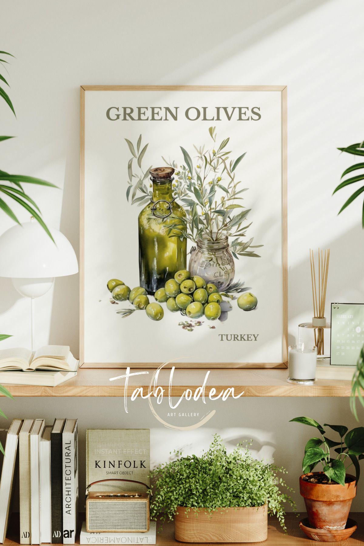 tablodea Zeytin Temalı Vintage Mutfak Tablosu, Doğal Akdeniz Stili Ahşap Çerçeveli Dekoratif Poster