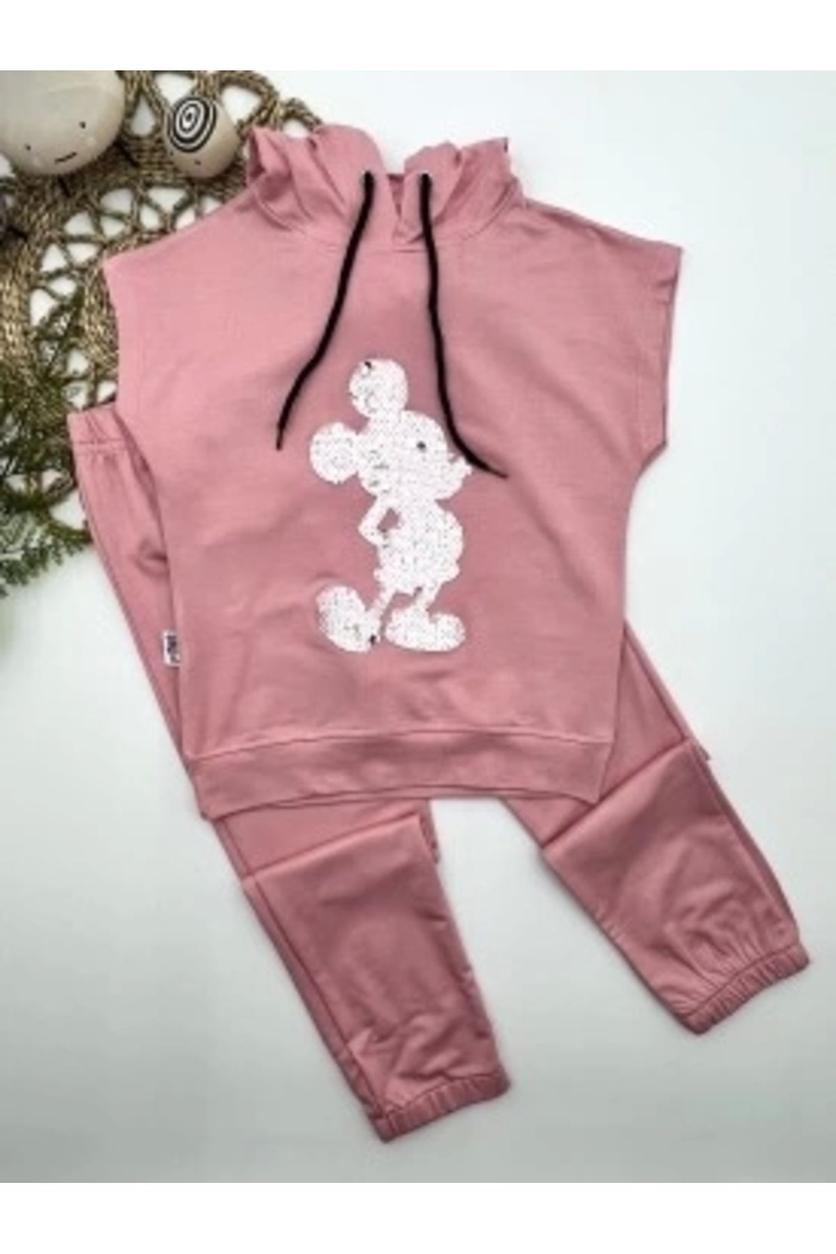 Diji Baby 3-4-5 Yaş Kapşonlu Payetli Mickey Desenli Kısa Kol 2li Kız Erkek Çocuk Takımı