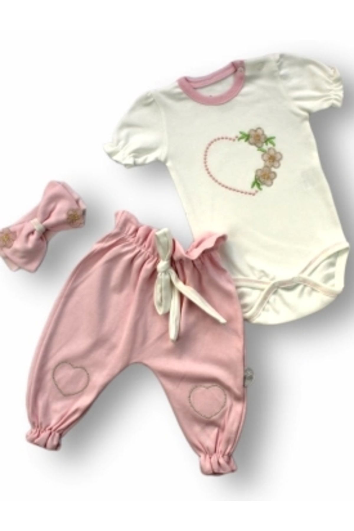 Diji Baby 3-6 6-9 9-12 Ay Çiçekli Baharın Kalbi Nakışlı Bandanalı Kısa Kollu Zıbınlı 3lü Kız Bebek Takımı