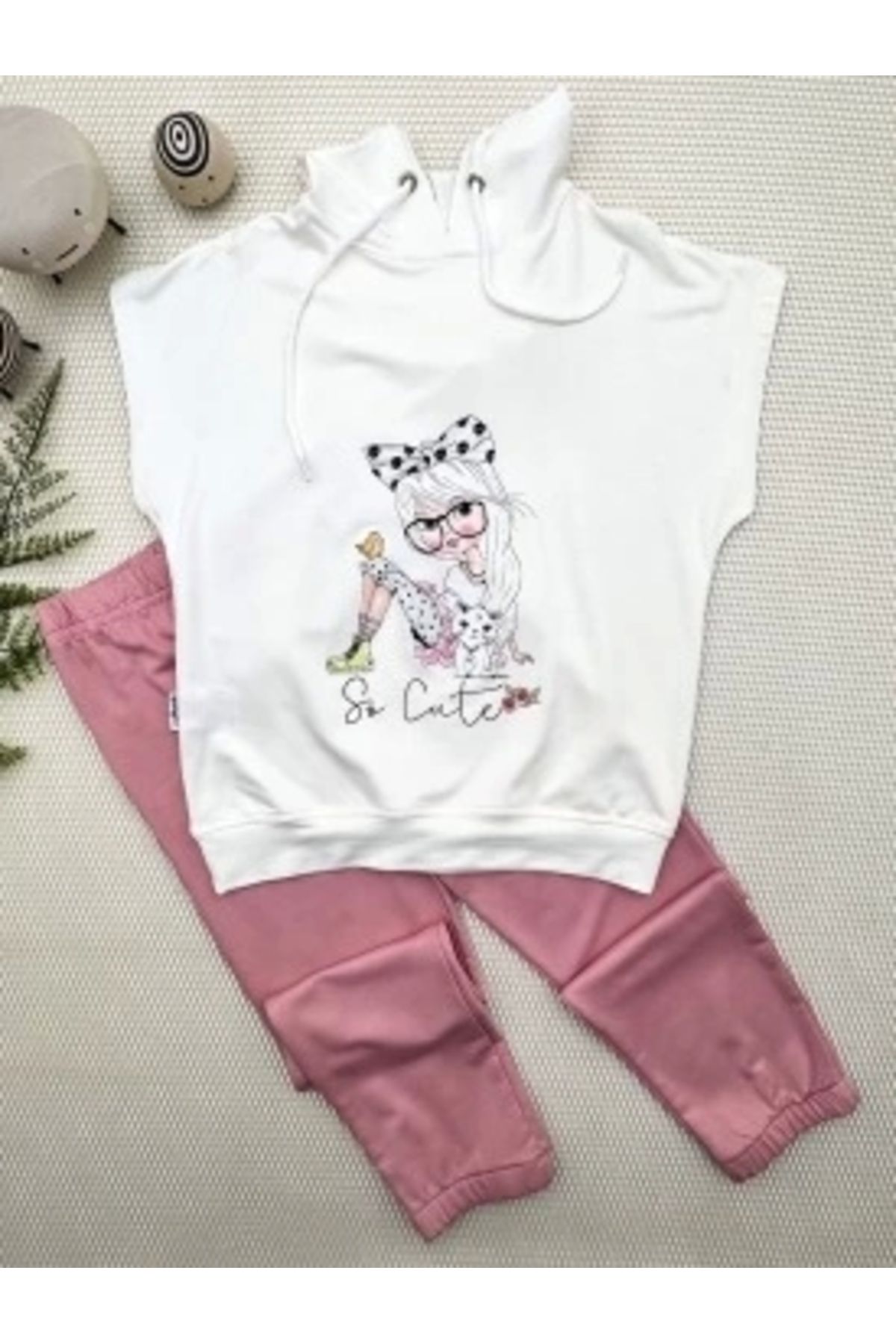 Diji Baby 3-4-5 Yaş Kapşonlu Sevimli Kız Baskılı Kısa Kolu 2li Kız Erkek Çocuk Takımı