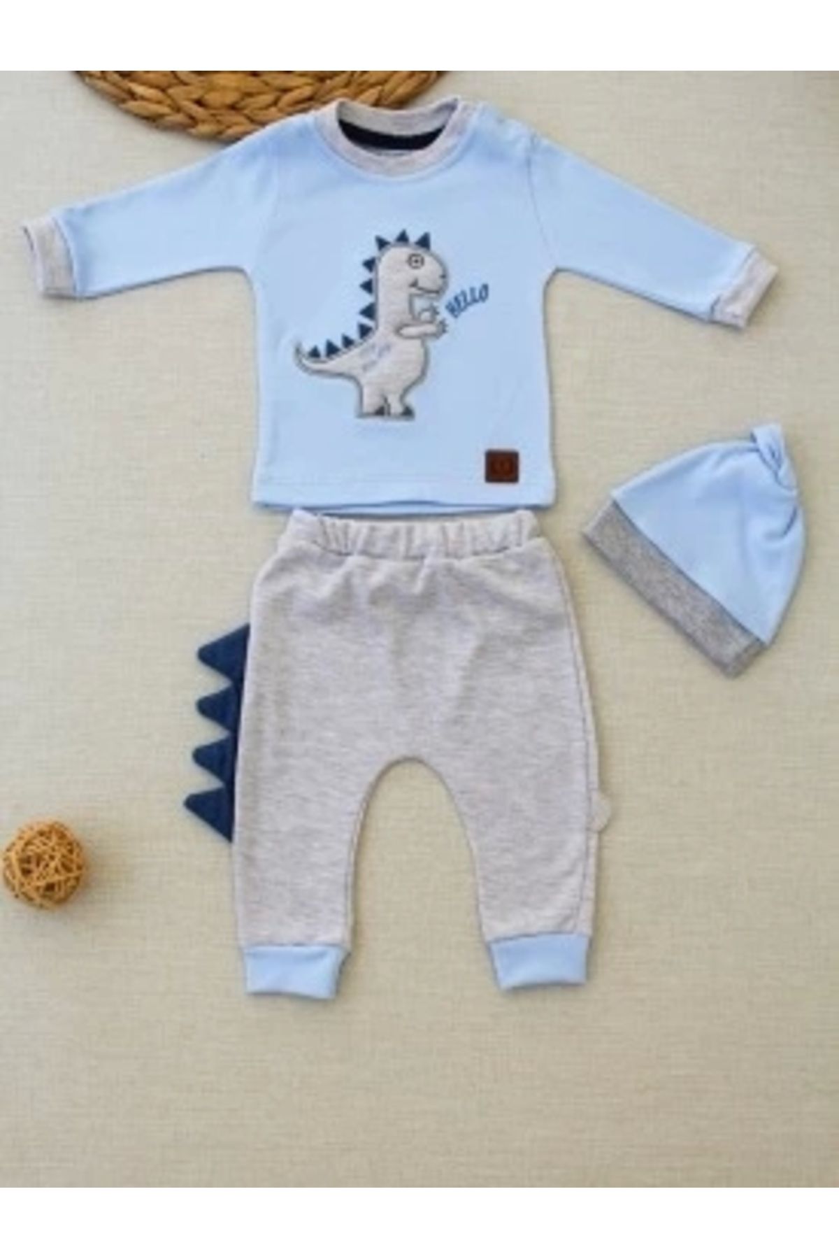 Diji Baby 3-6 6-9 9-12 Ay Minik Dino Nakışlı Şapkalı Uzun Kollu Sweat 3lü Kız-erkek Bebek Takımı