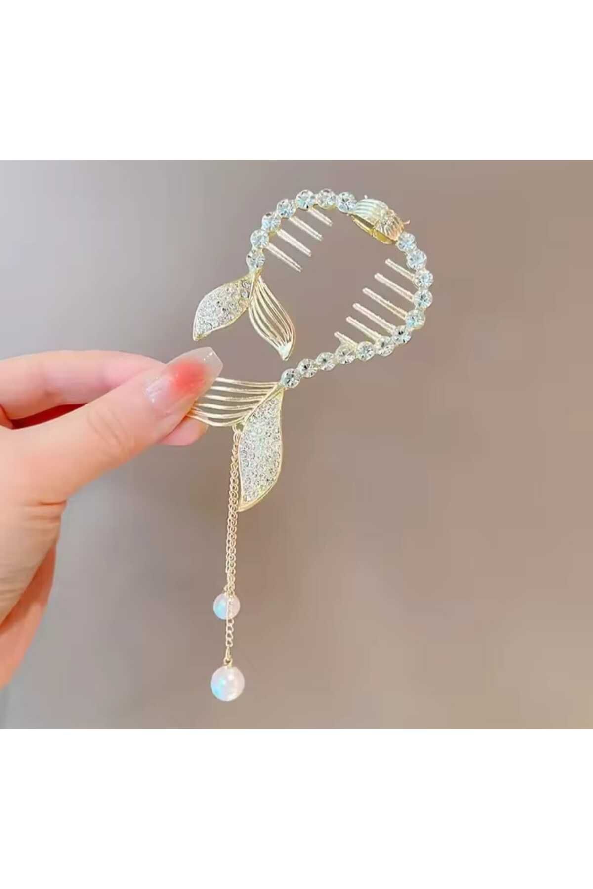 JHTshop Balık Kuyruğu Tasarım Kristal Taşlı Yaylı Topuz Tokası Metal Gold - Kadın Sallantılı Saç Topuz Toka