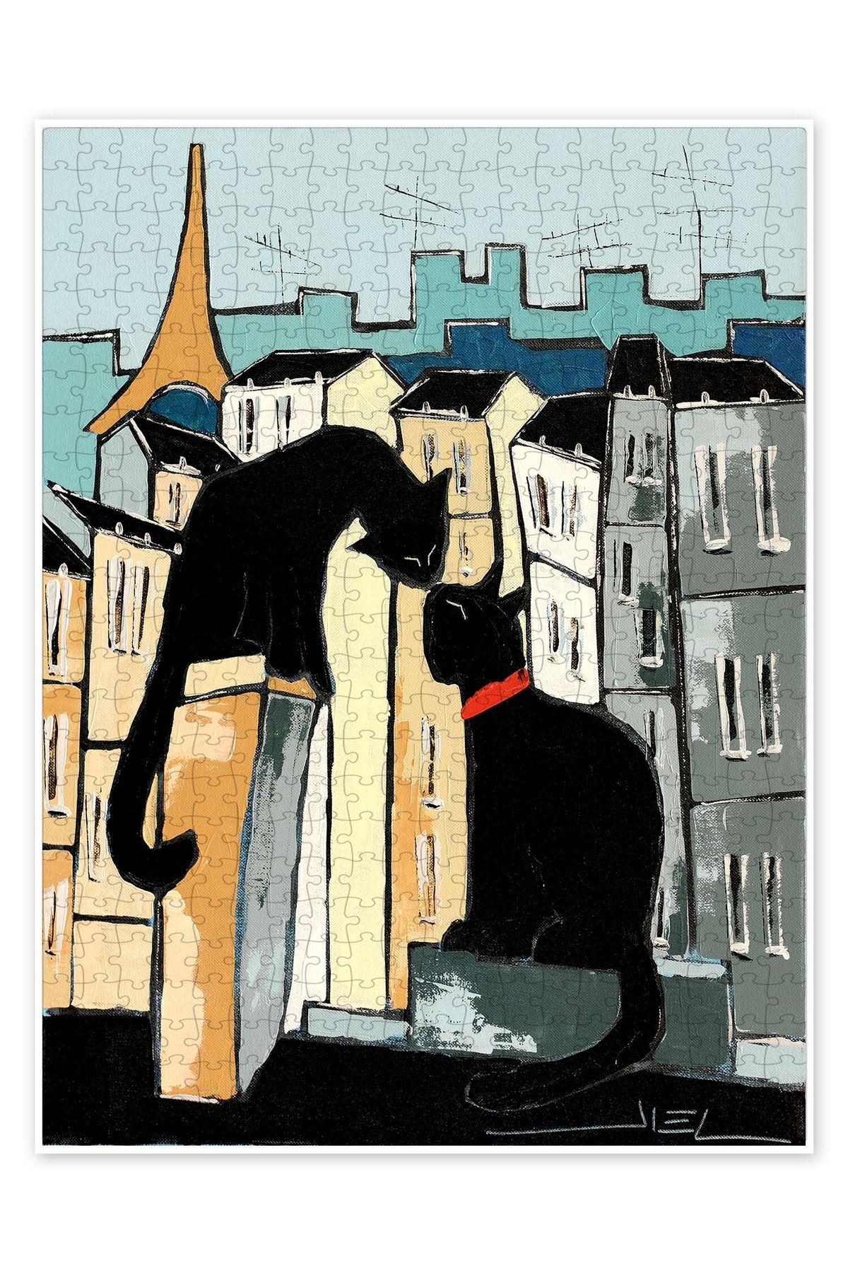 Jeronkarji Paris çatılarındaki siyah kediler 500 Parça Puzzle Yapboz Kedi Köpek Temalı Doğa ve Orman Hayvanları